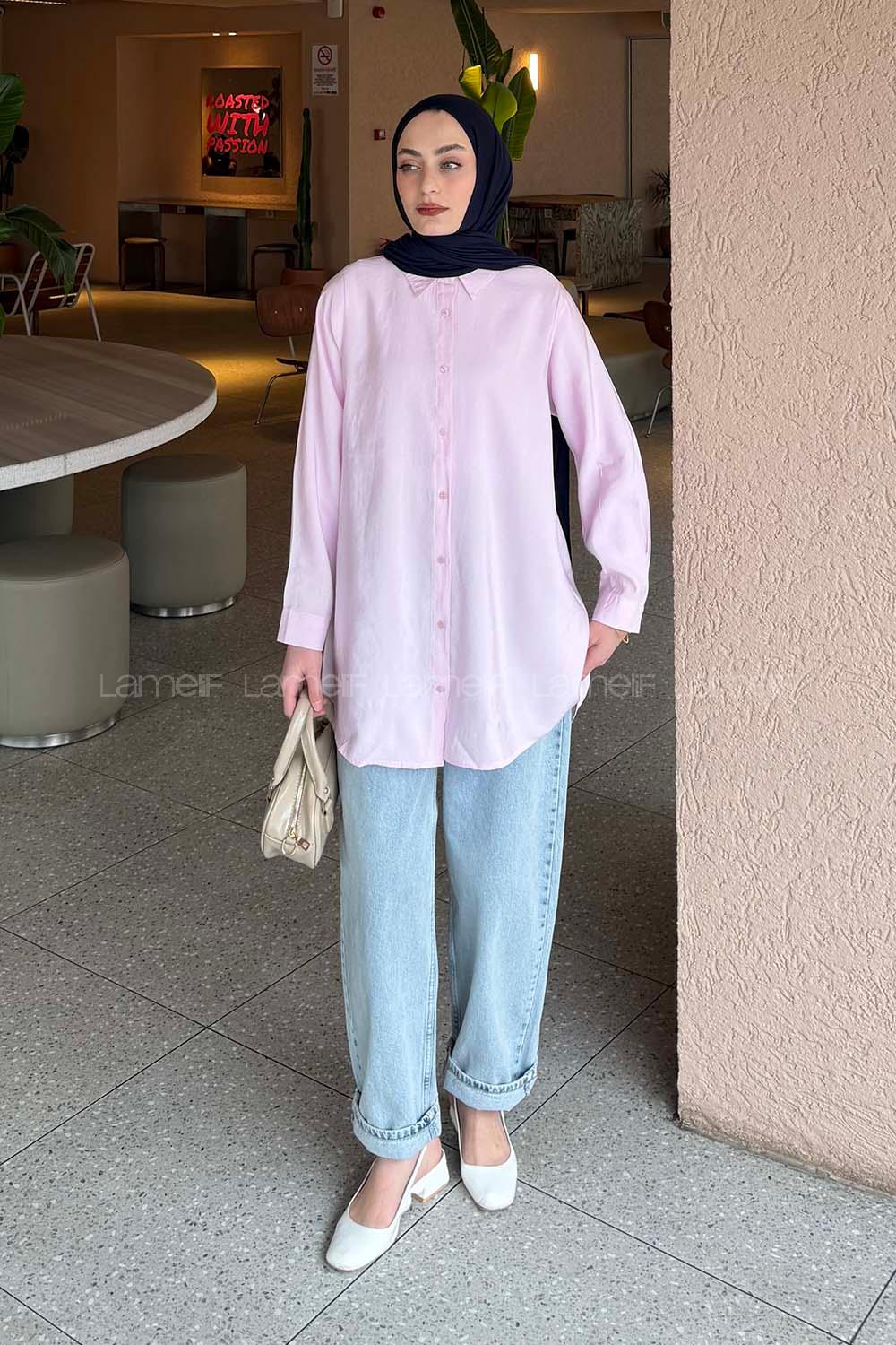 Pink Shirt Collar Long Arm Poplin Fabric Shirt