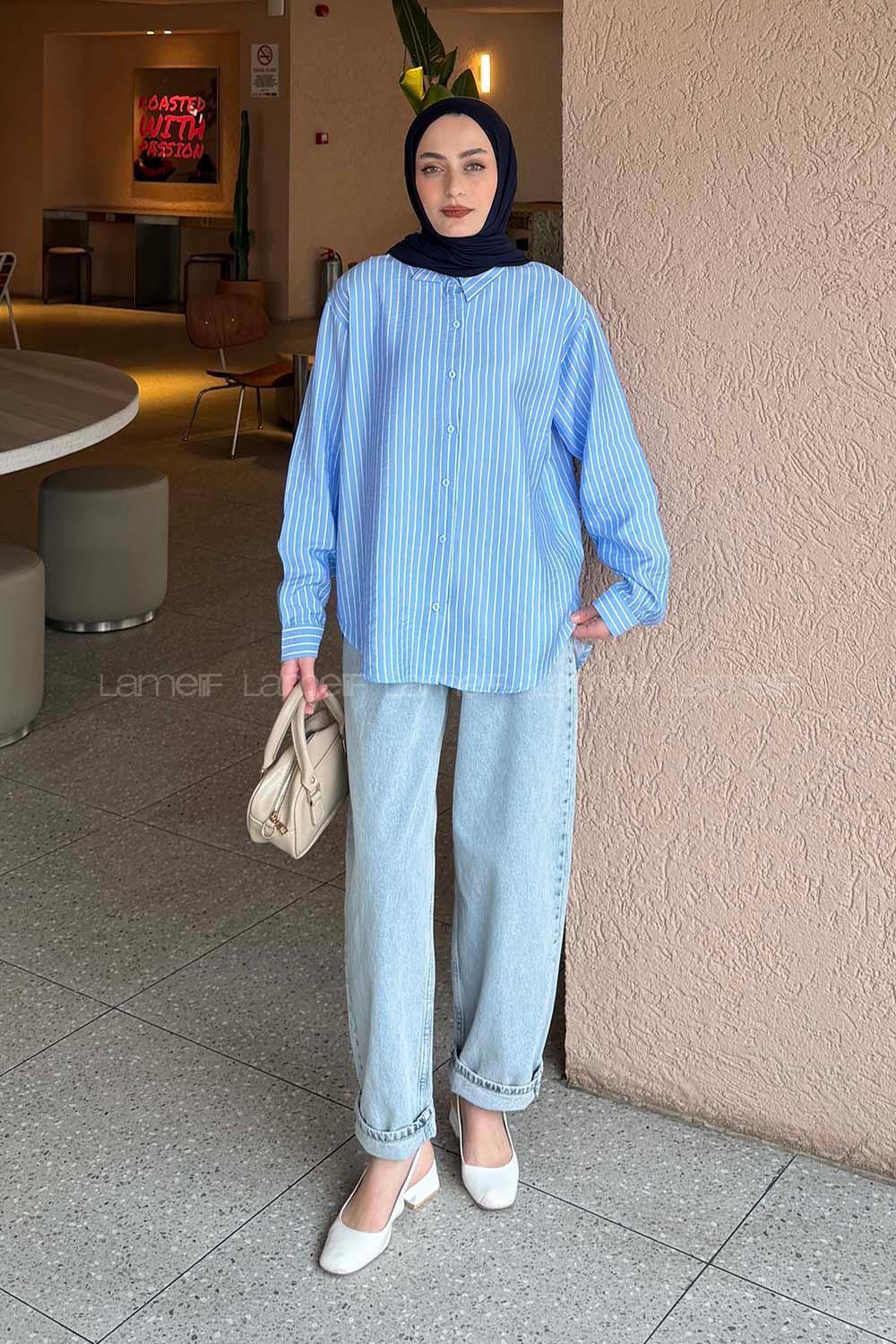 Lamelif Çizgili Modal Gömlek Mavi
