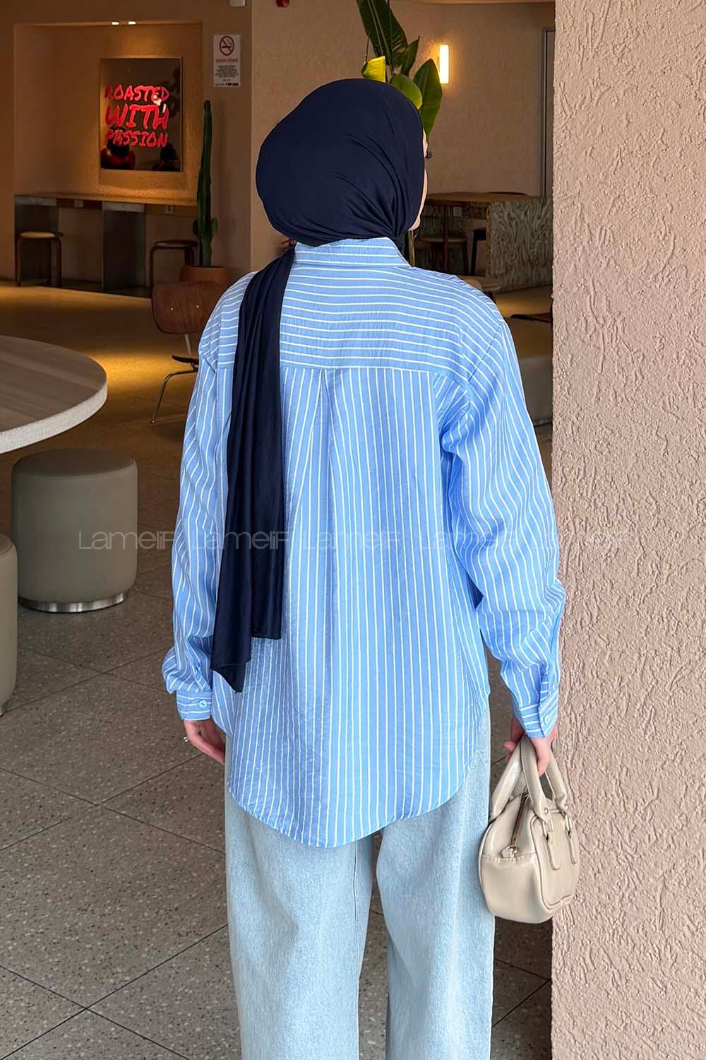 Lamelif Çizgili Modal Gömlek Mavi