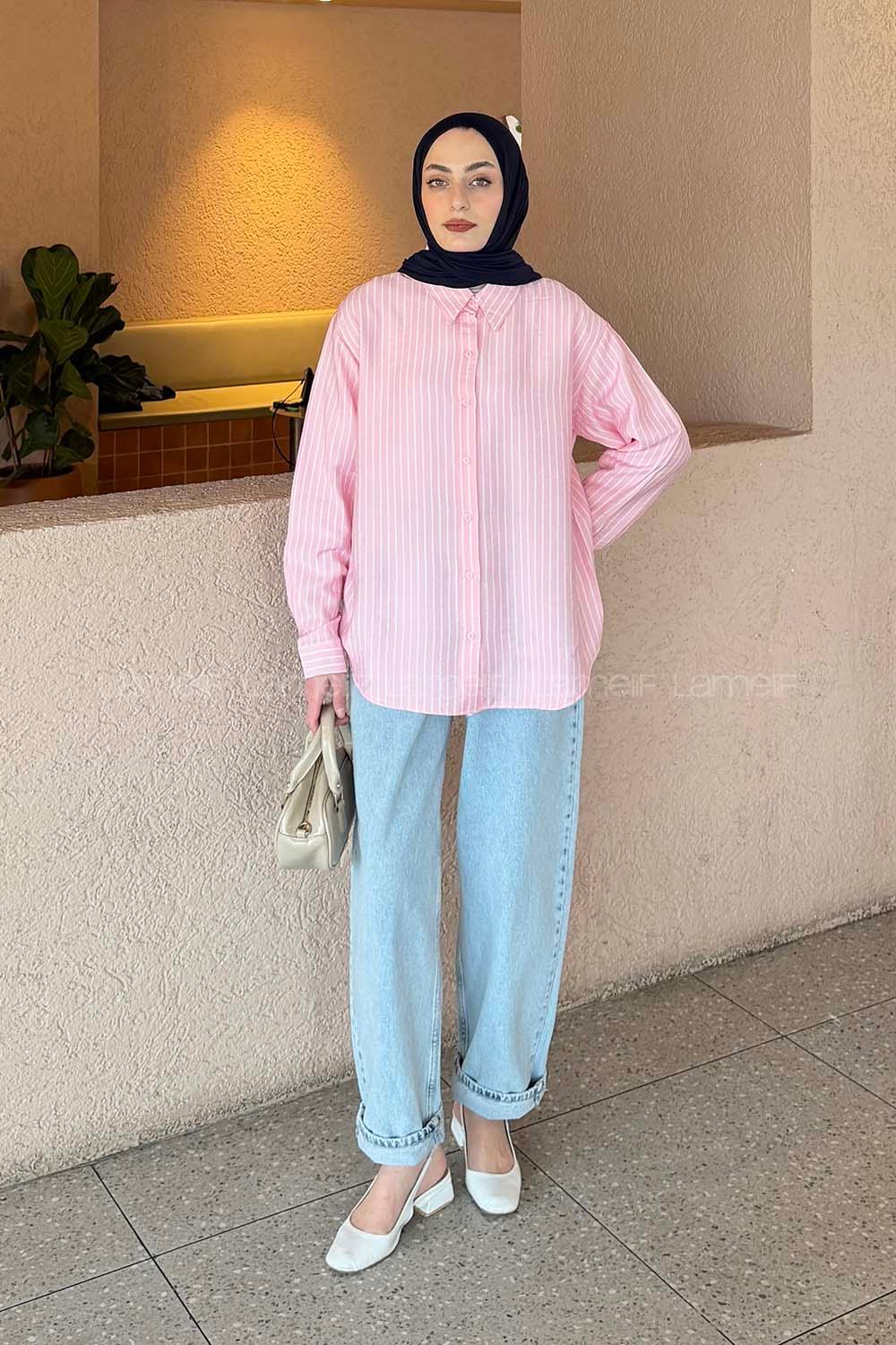 Lamelif Çizgili Modal Gömlek Pembe