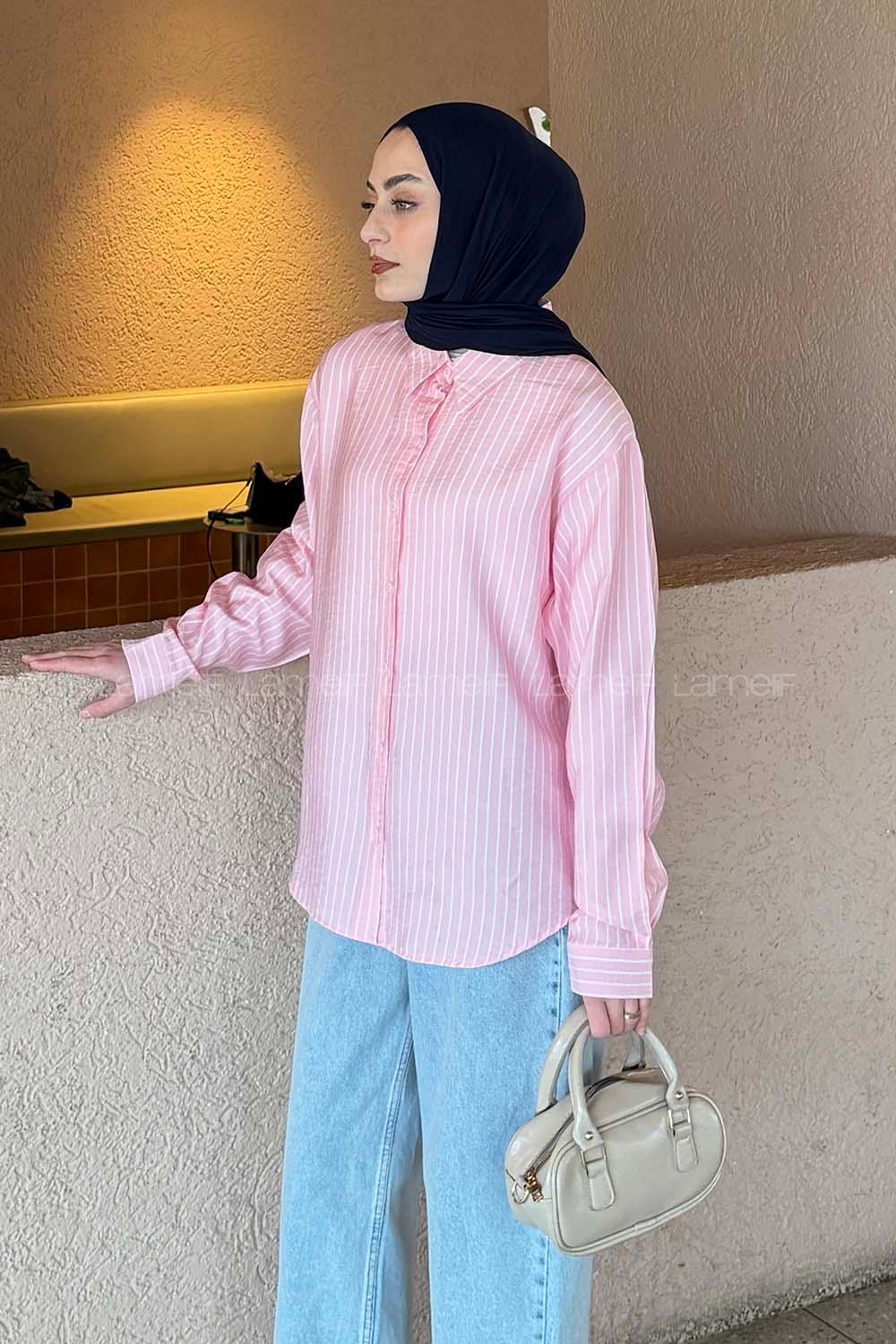 Lamelif Çizgili Modal Gömlek Pembe