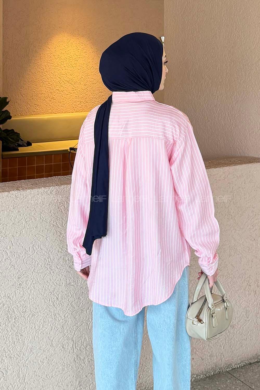 Lamelif Çizgili Modal Gömlek Pembe