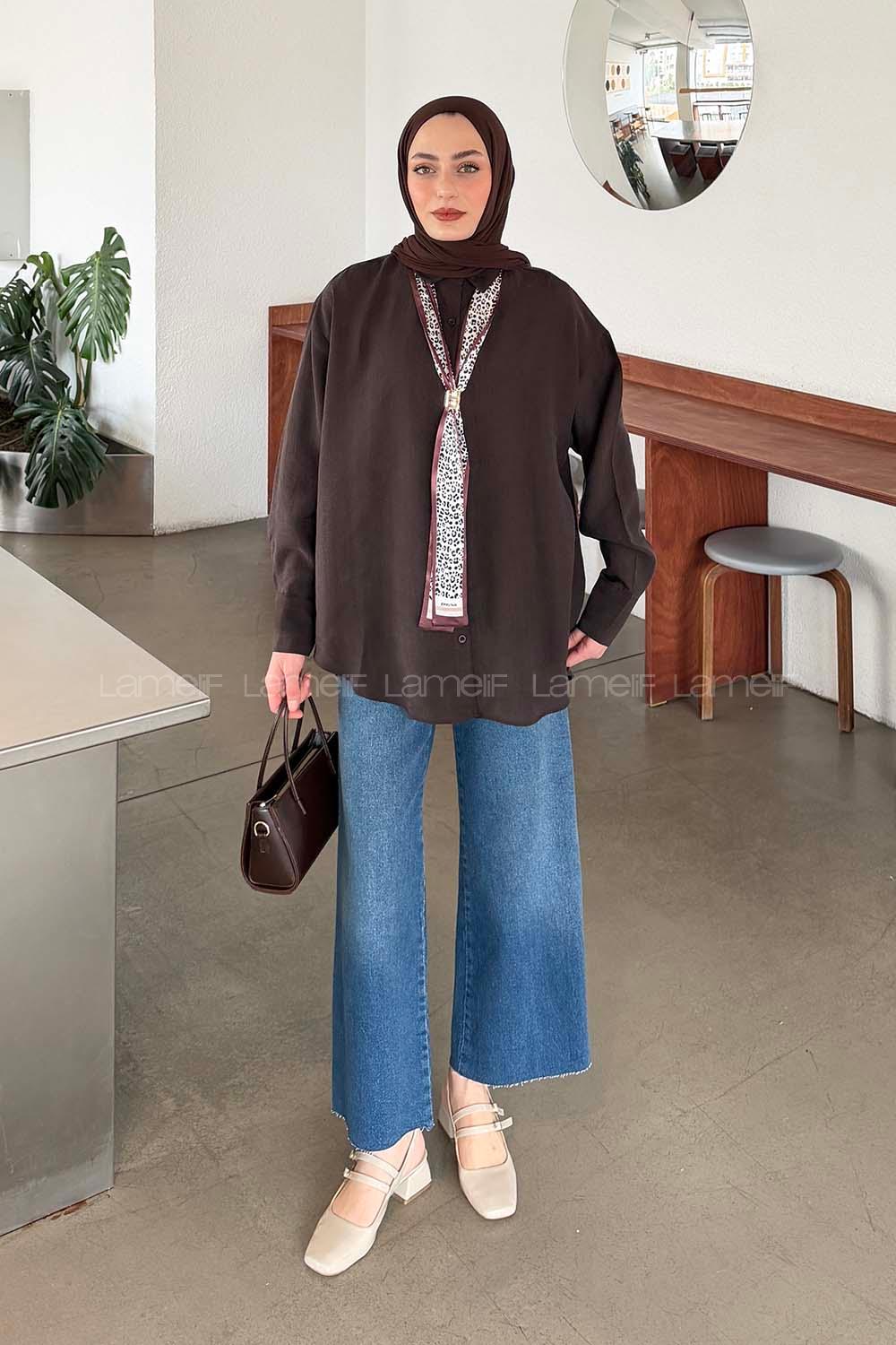 Lamelif Fular Bağlamalı Gömlek Koyu Kahverengi