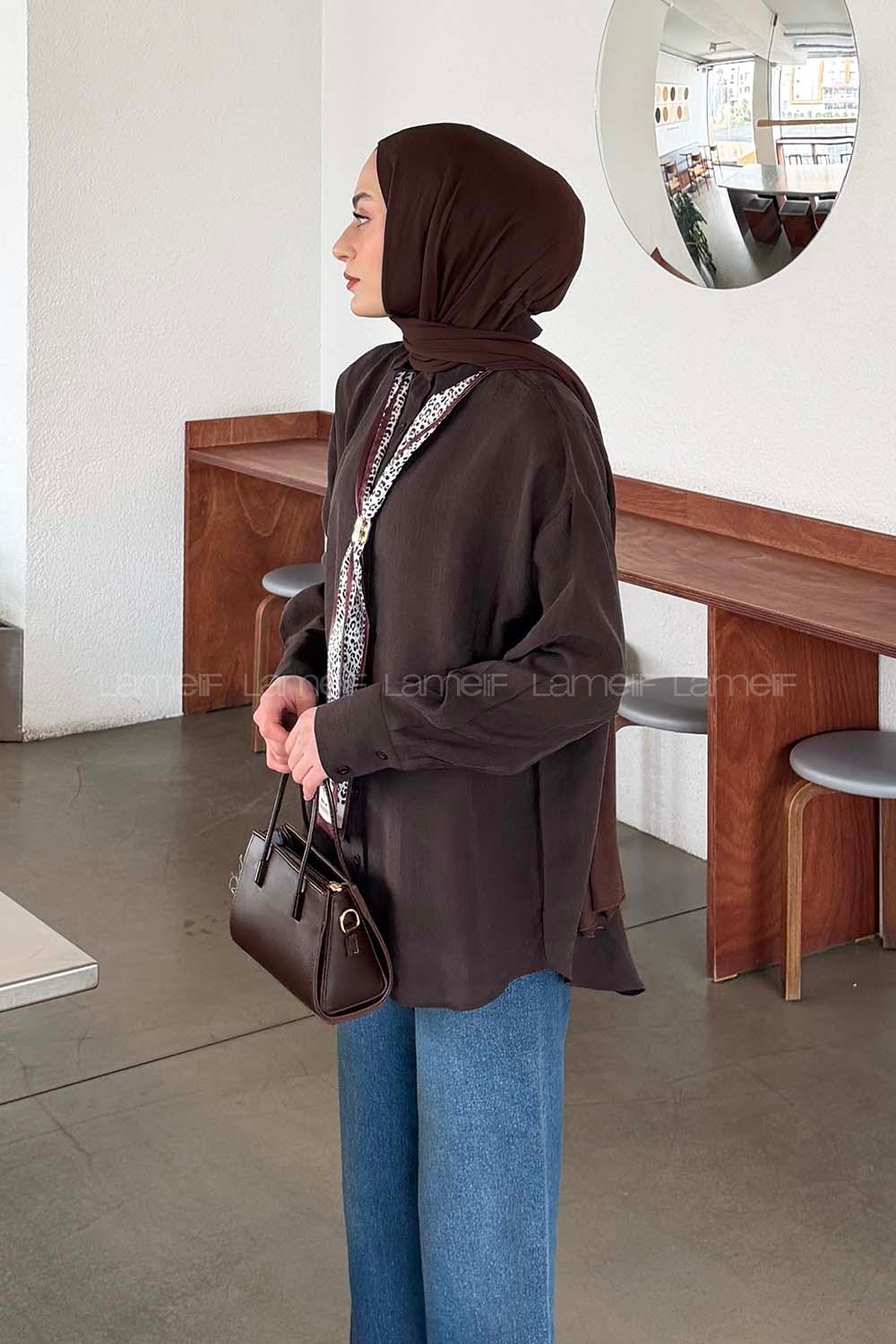 Lamelif Fular Bağlamalı Gömlek Koyu Kahverengi