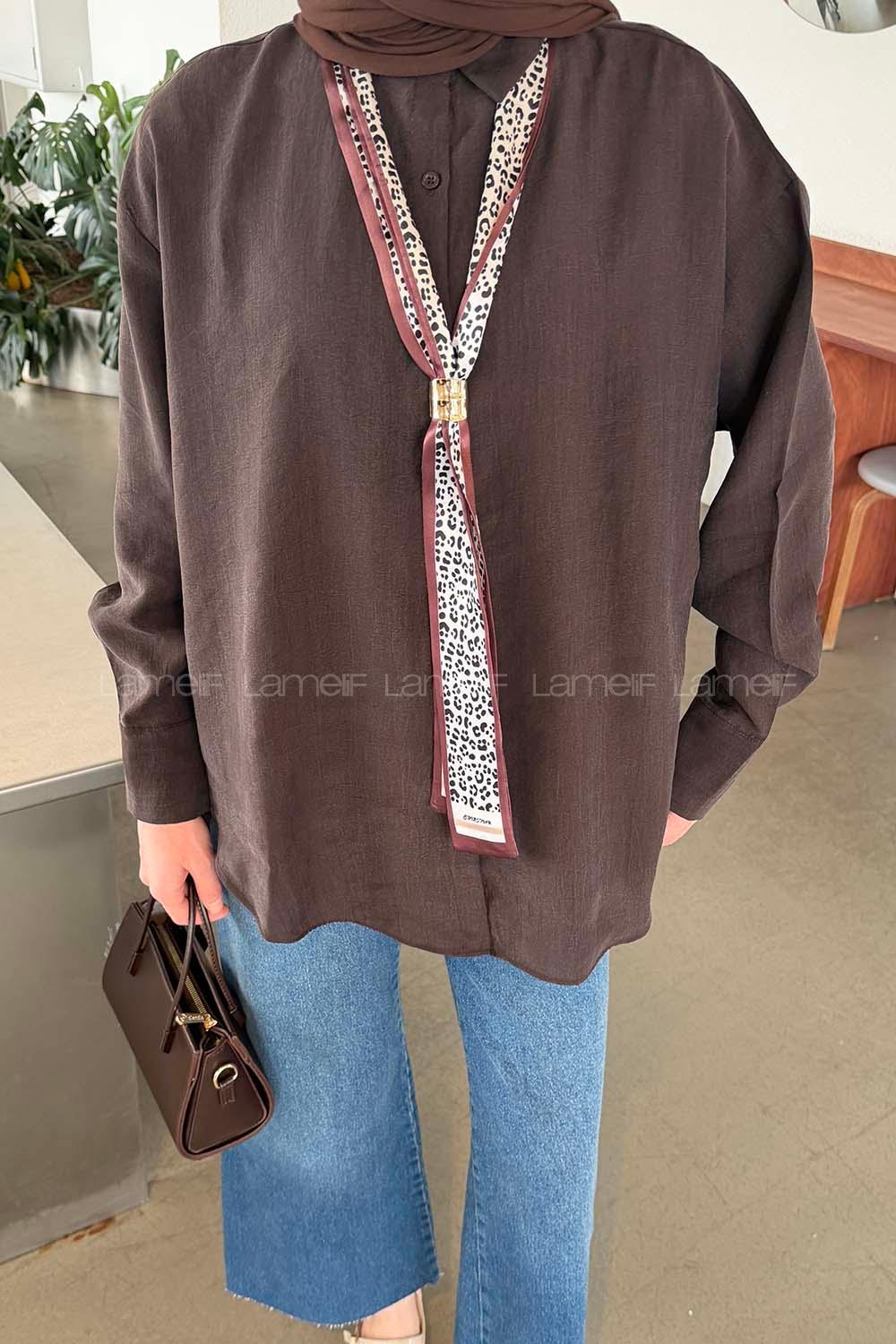 Lamelif Fular Bağlamalı Gömlek Koyu Kahverengi