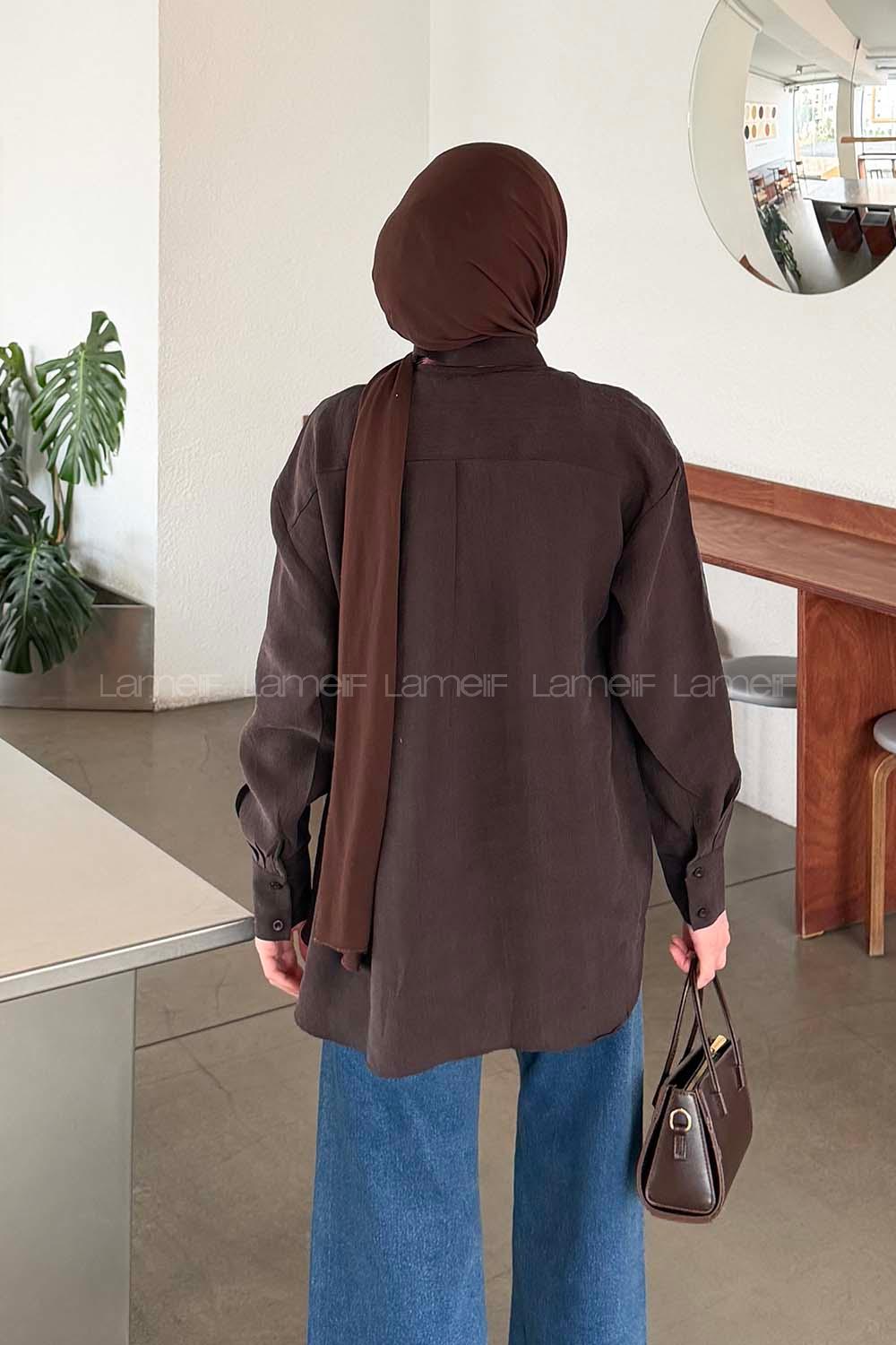 Lamelif Fular Bağlamalı Gömlek Koyu Kahverengi