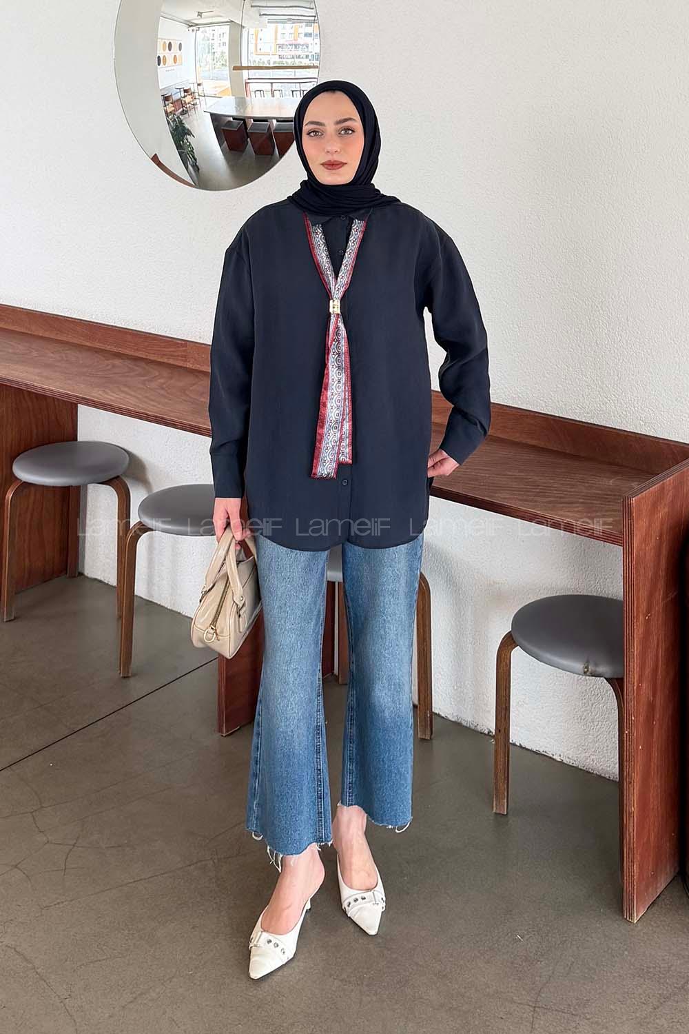 Lamelif Fular Bağlamalı Gömlek Lacivert