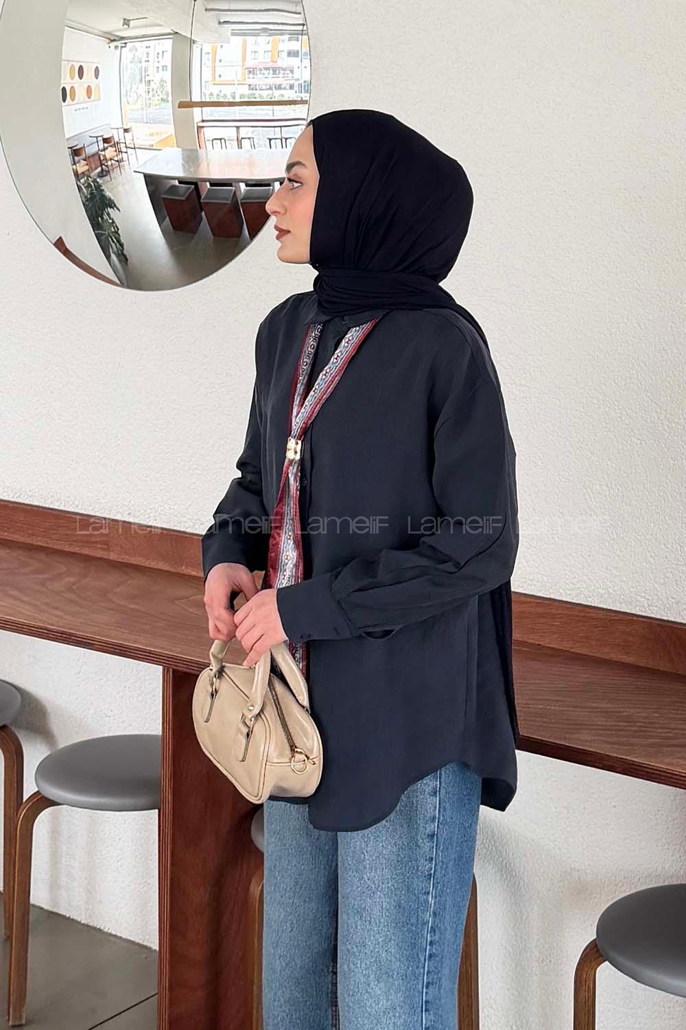 Lamelif Fular Bağlamalı Gömlek Lacivert