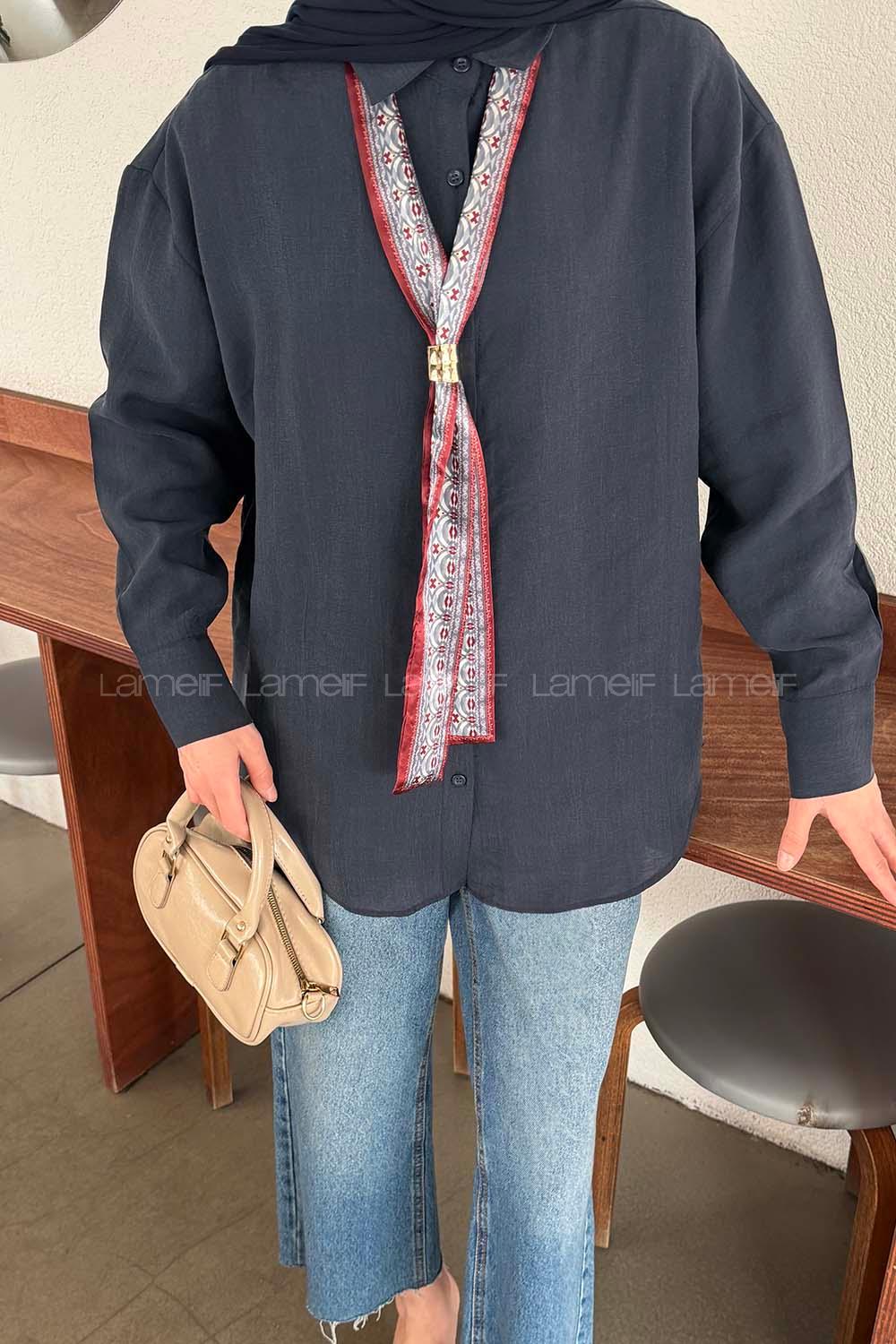 Lamelif Fular Bağlamalı Gömlek Lacivert