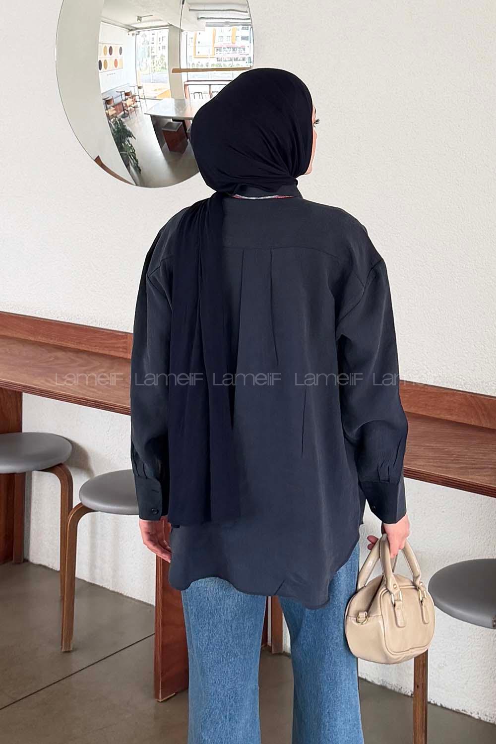 Lamelif Fular Bağlamalı Gömlek Lacivert