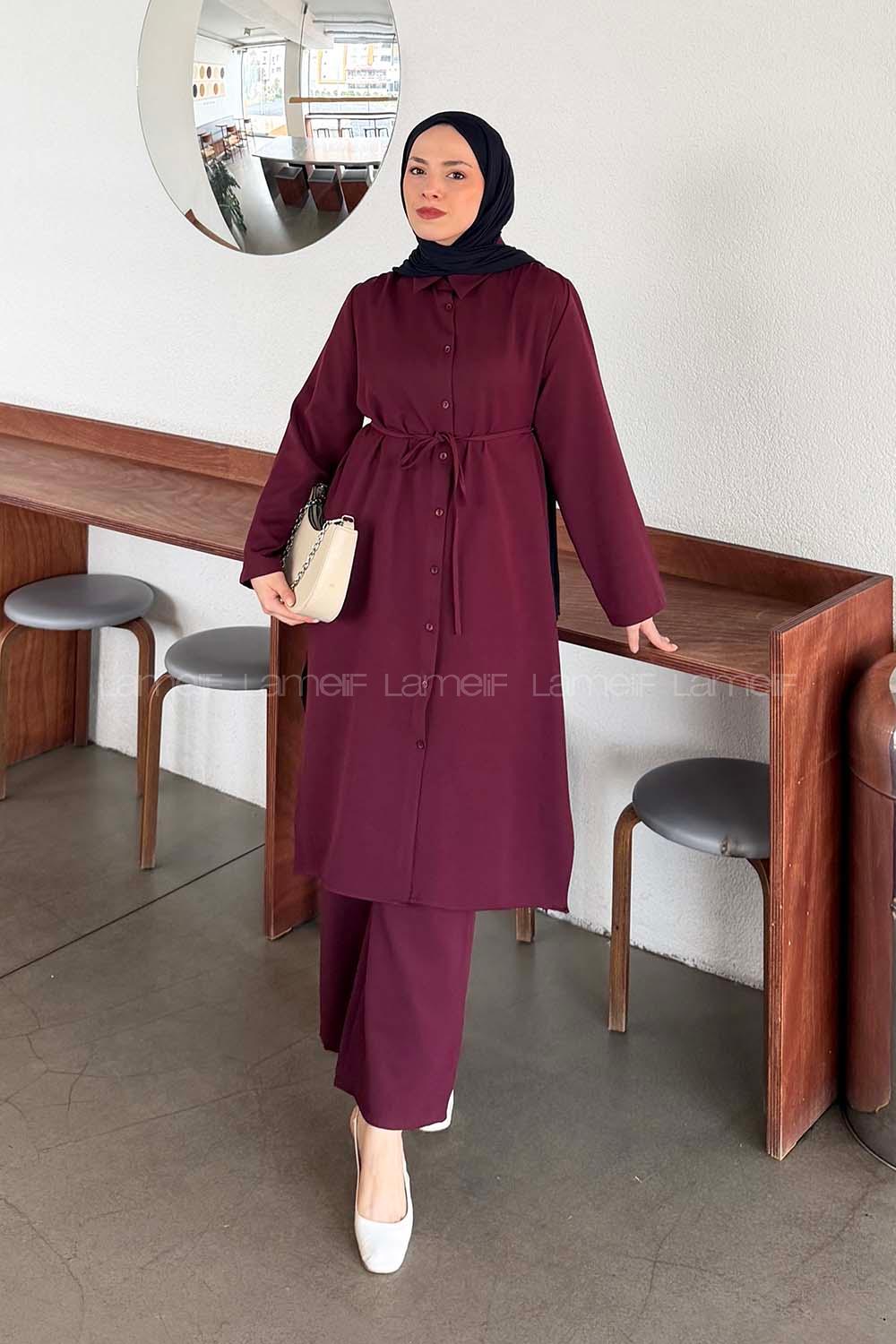 Lamelif Omuz Büzgülü Tesettür Takım Bordo