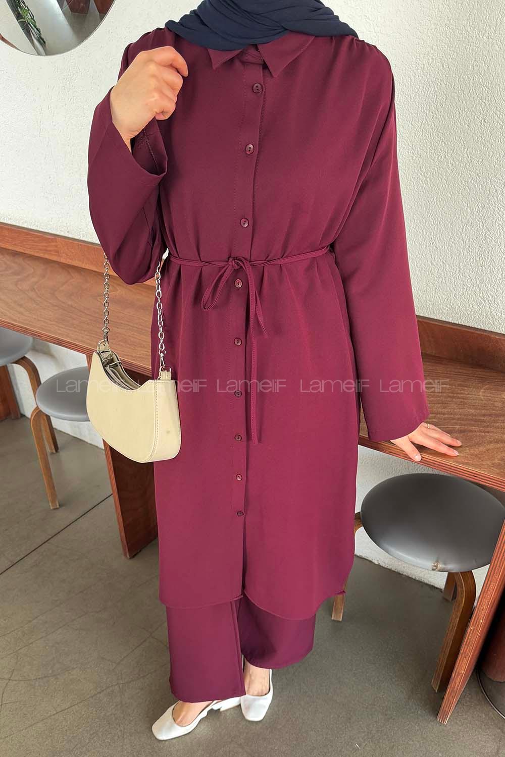 Lamelif Omuz Büzgülü Tesettür Takım Bordo