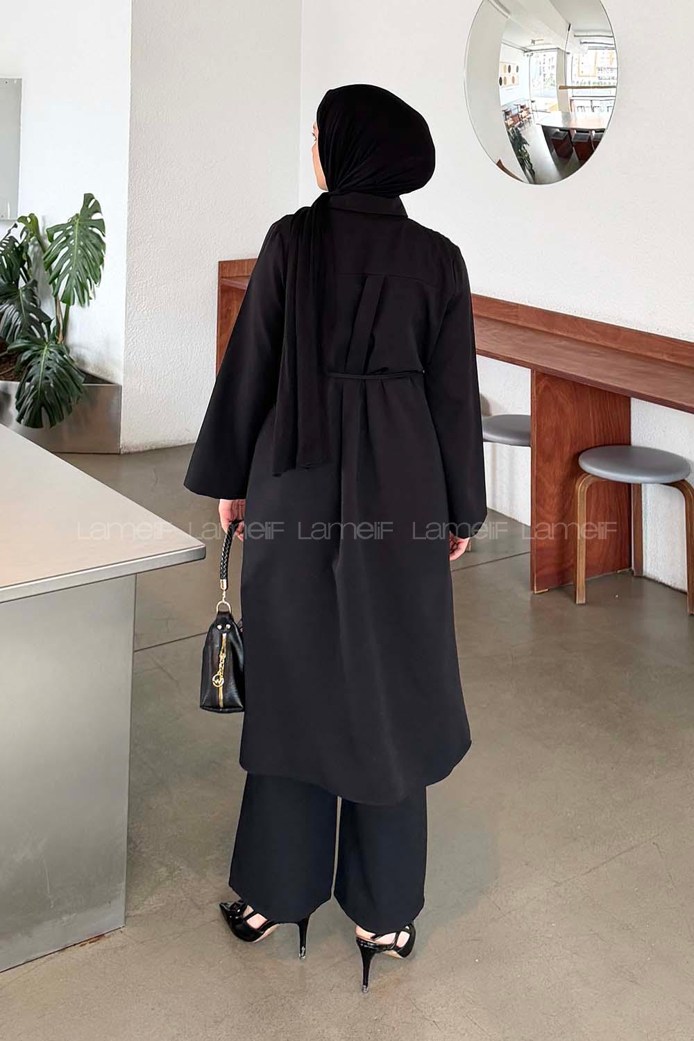 Lamelif Omuz Büzgülü Tesettür Takım Siyah