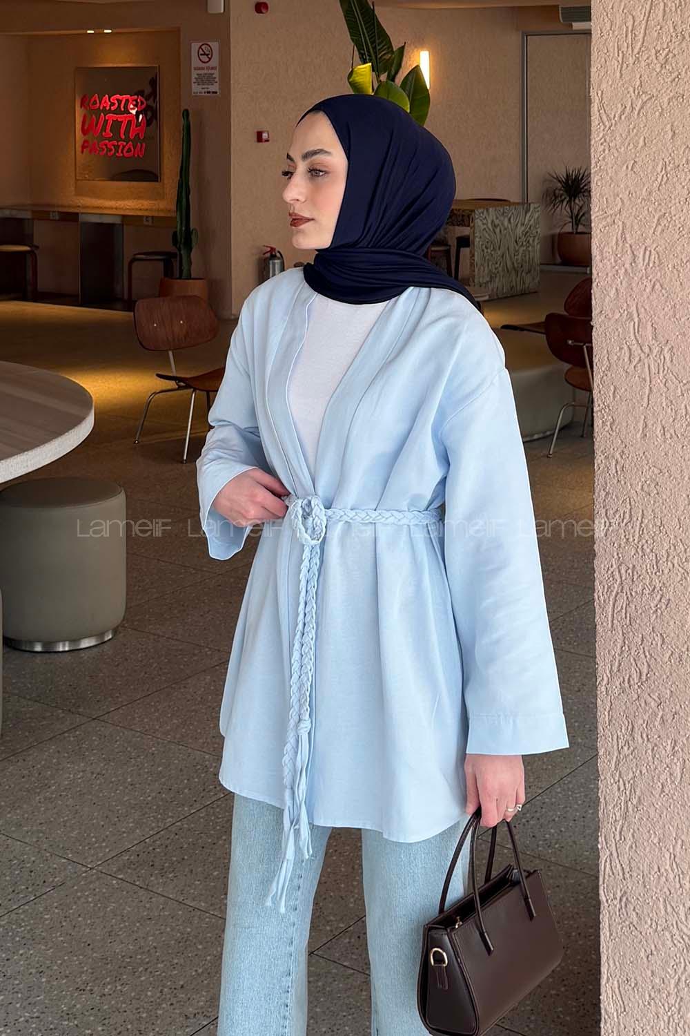 Lamelif Örgü Bağlamalı Kimono Ceket Bebe Mavisi