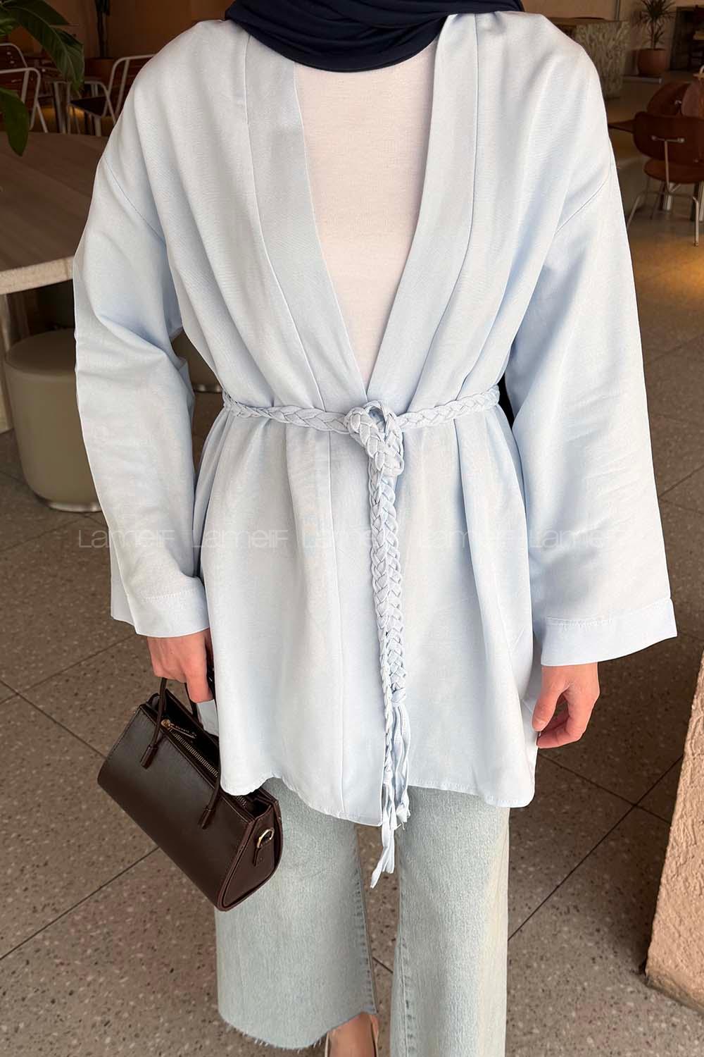 Lamelif Örgü Bağlamalı Kimono Ceket Bebe Mavisi