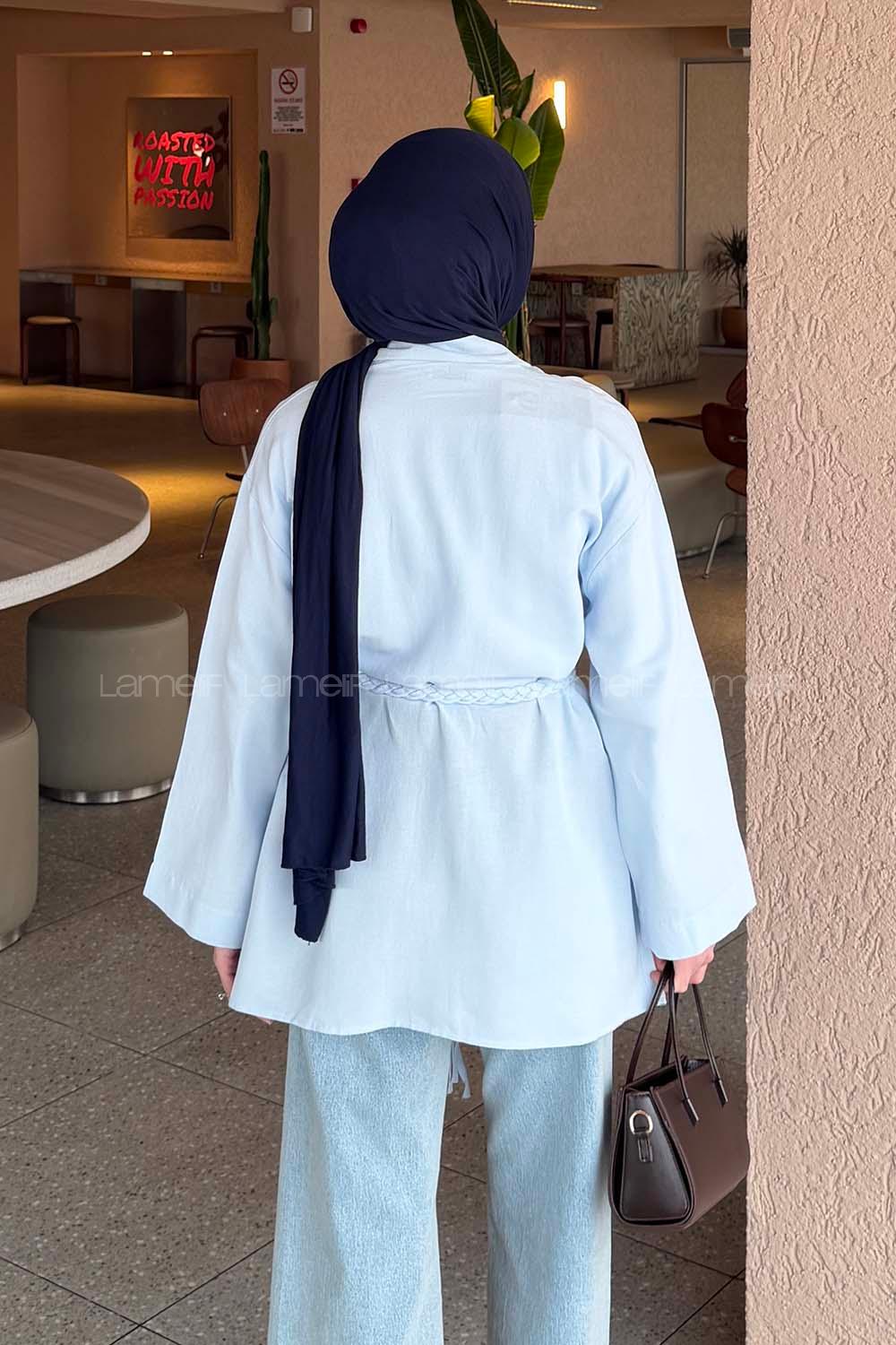 Lamelif Örgü Bağlamalı Kimono Ceket Bebe Mavisi