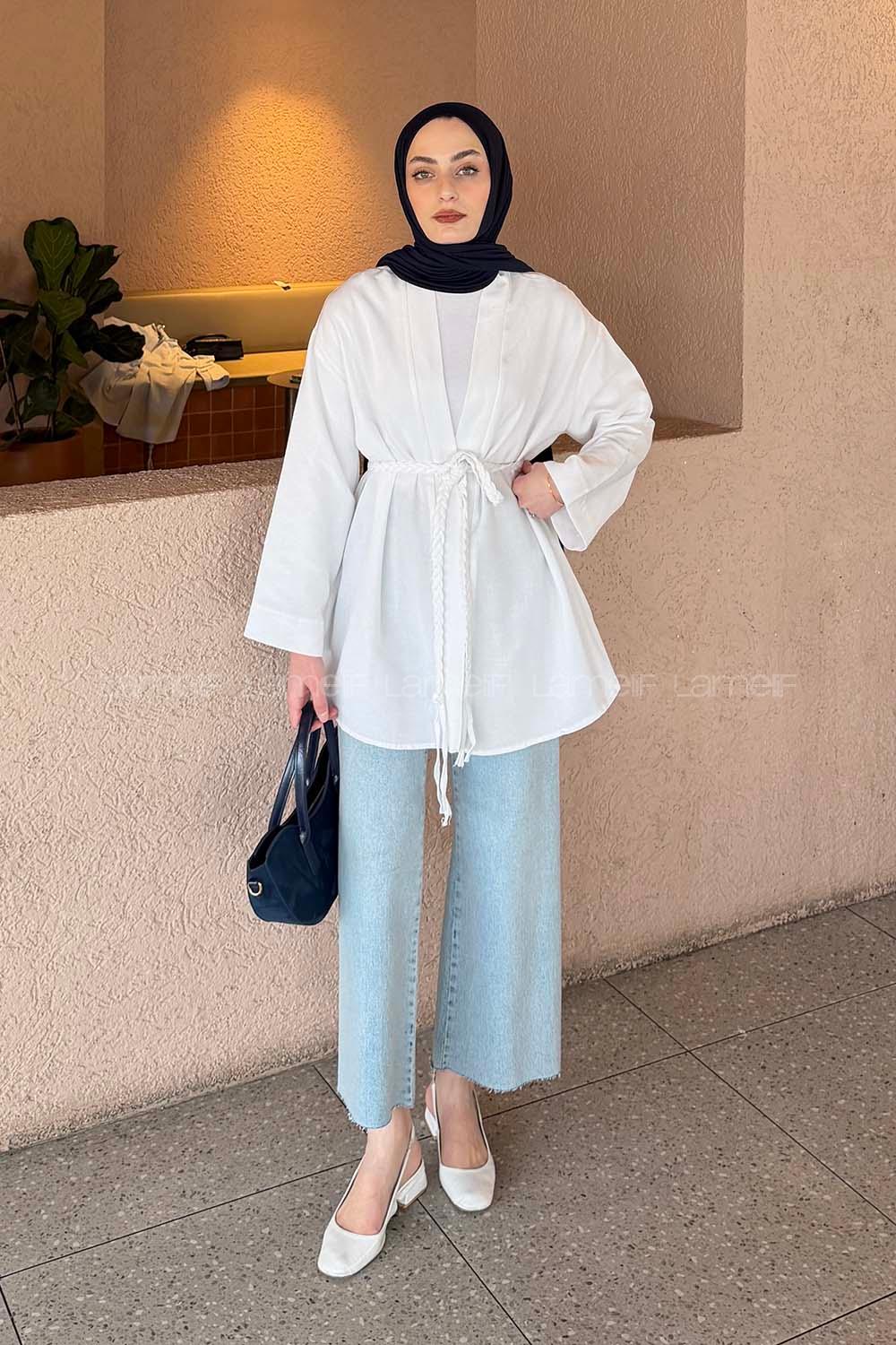 Lamelif Örgü Bağlamalı Kimono Ceket Beyaz