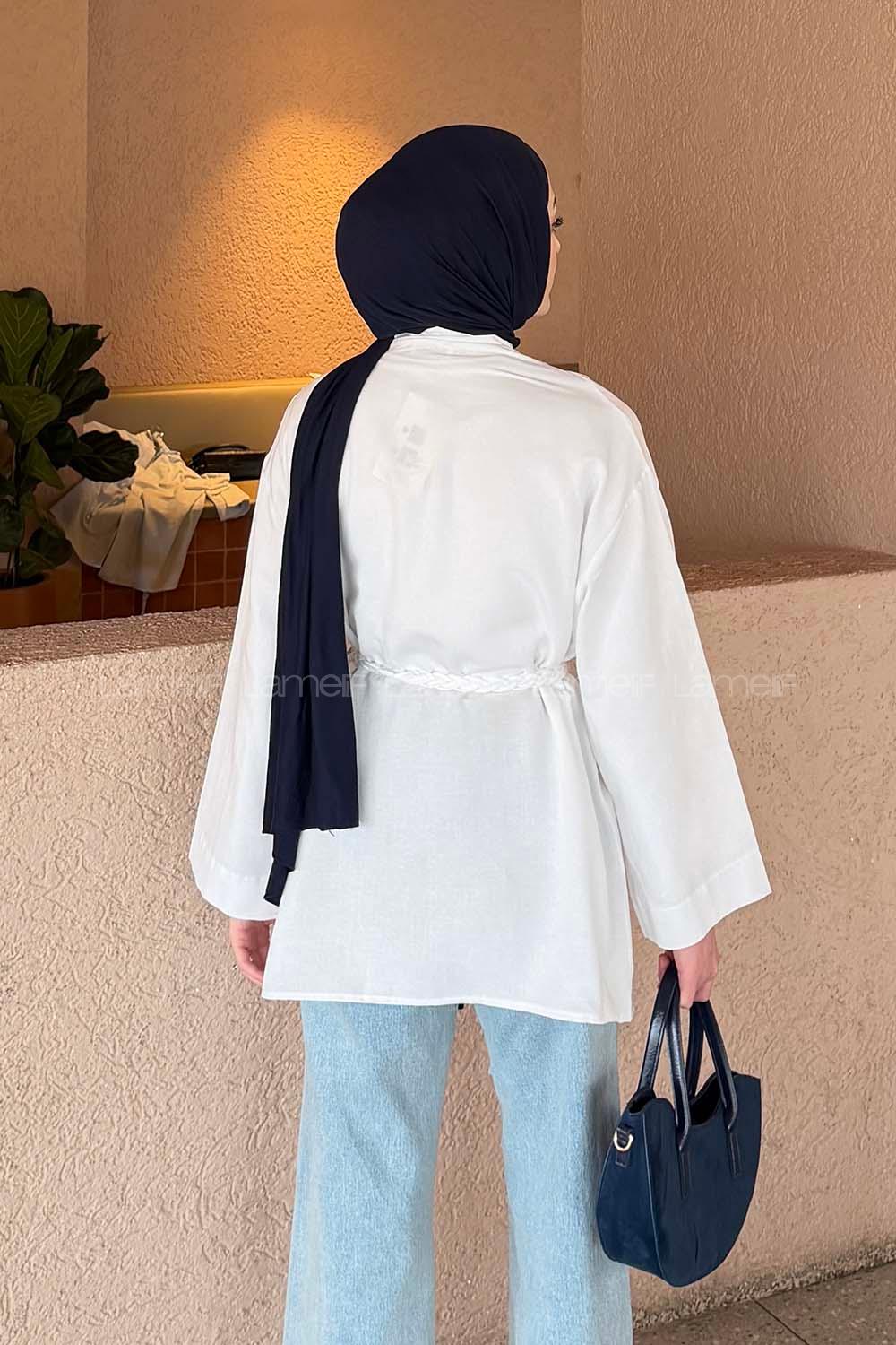 Lamelif Örgü Bağlamalı Kimono Ceket Beyaz