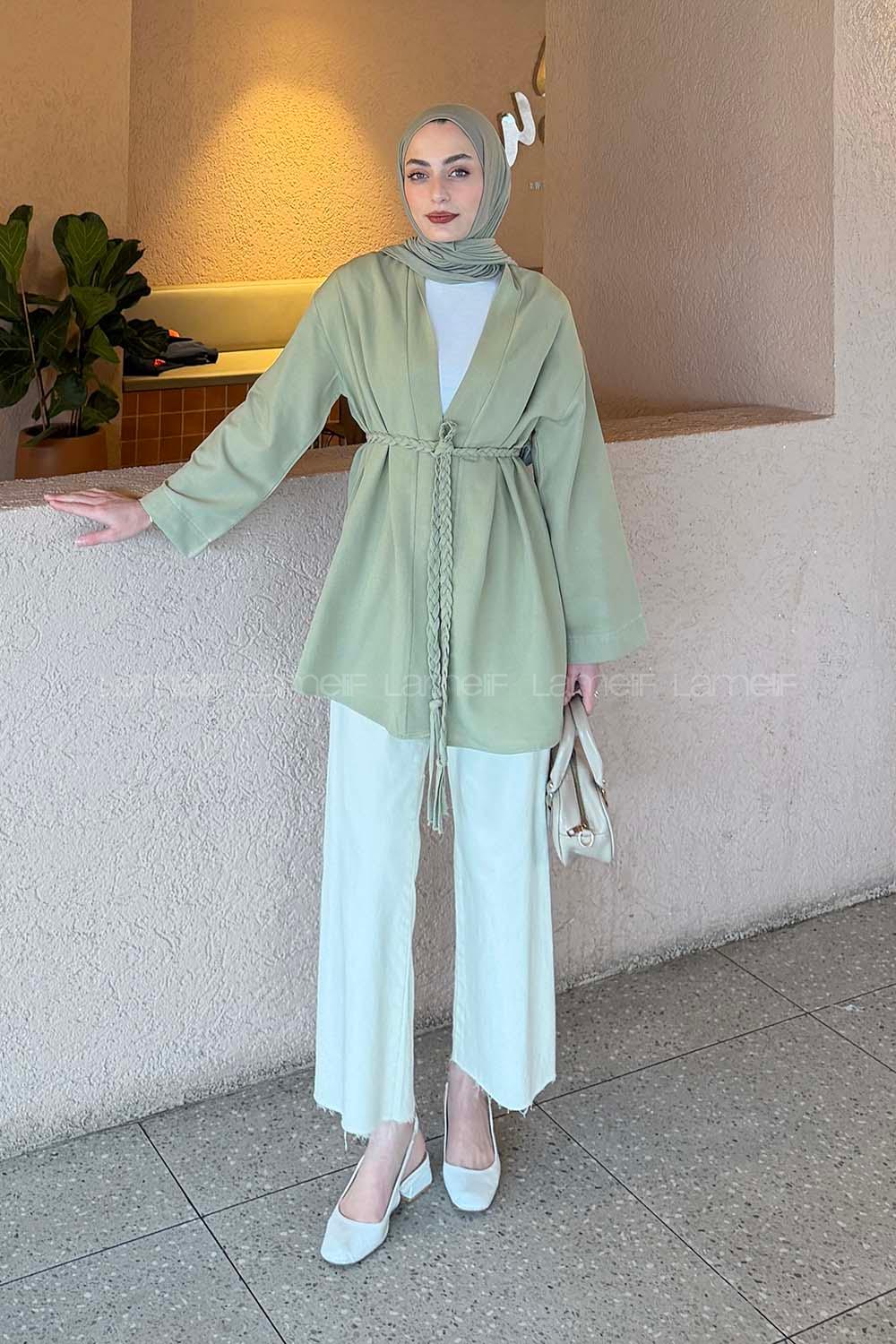 Plum Green Long Arm Linen Kimono