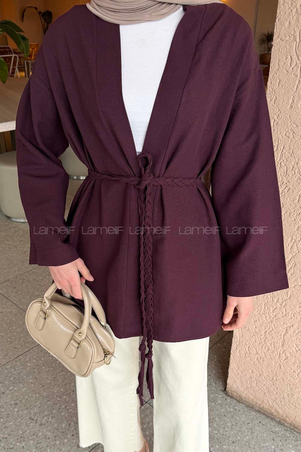 Lamelif Örgü Bağlamalı Kimono Ceket Mürdüm