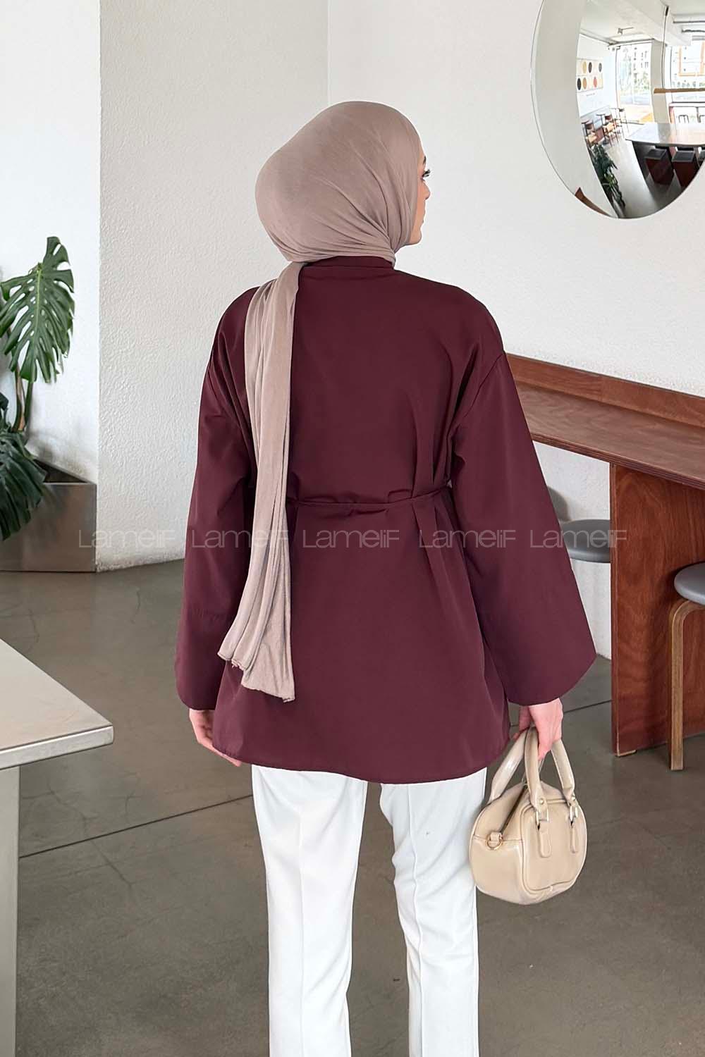 Lamelif Piliseli Geniş Kol Gömlek Mürdüm