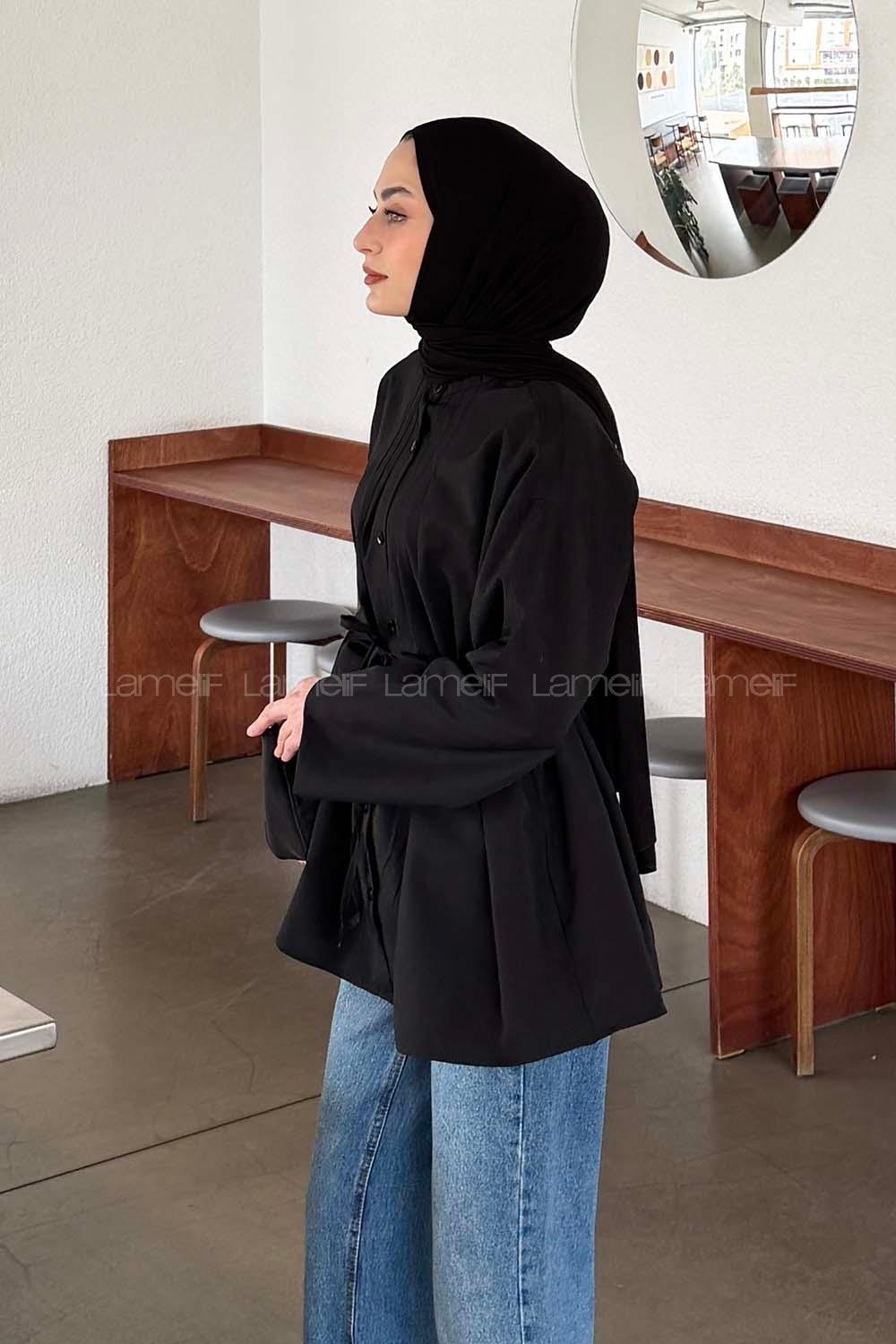 Lamelif Piliseli Geniş Kol Gömlek Siyah