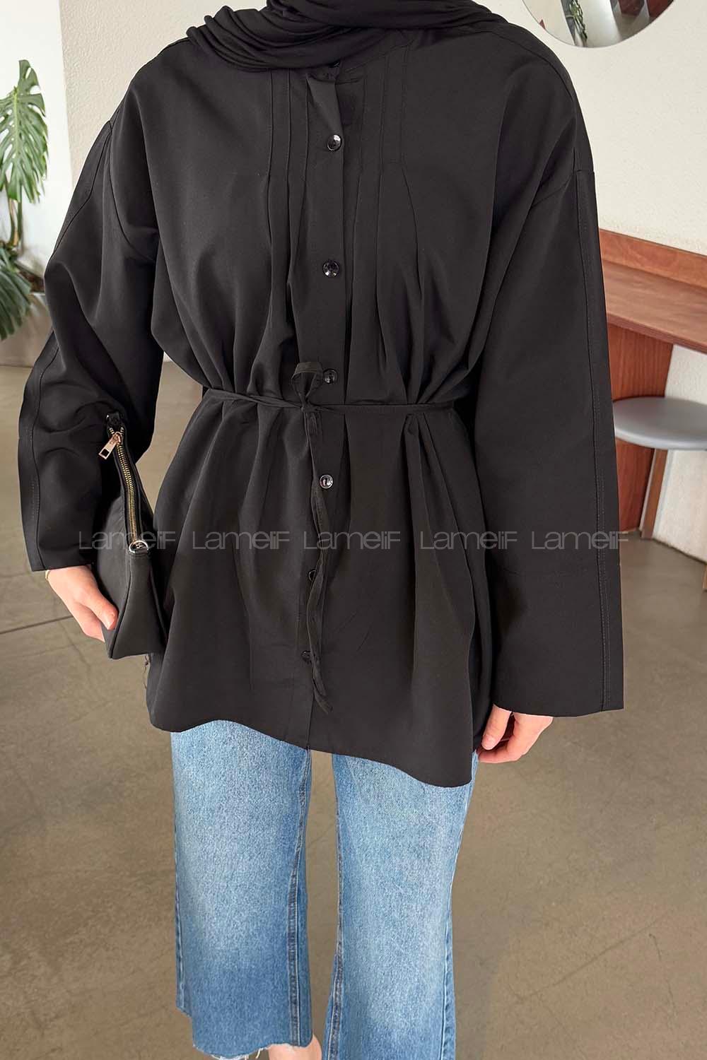 Lamelif Piliseli Geniş Kol Gömlek Siyah