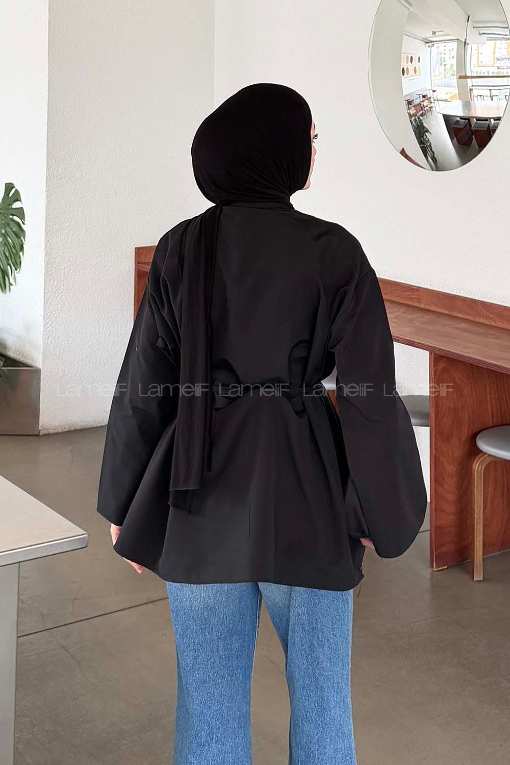 Lamelif Piliseli Geniş Kol Gömlek Siyah