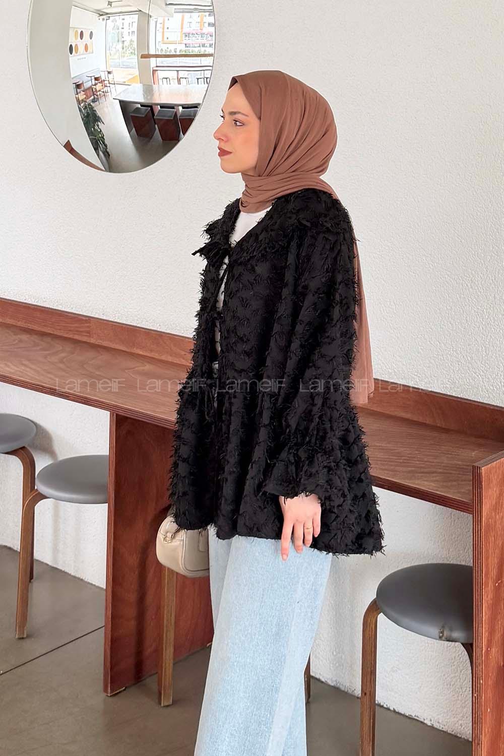 Lamelif Püskül Detaylı Bağlamalı Tunik Siyah