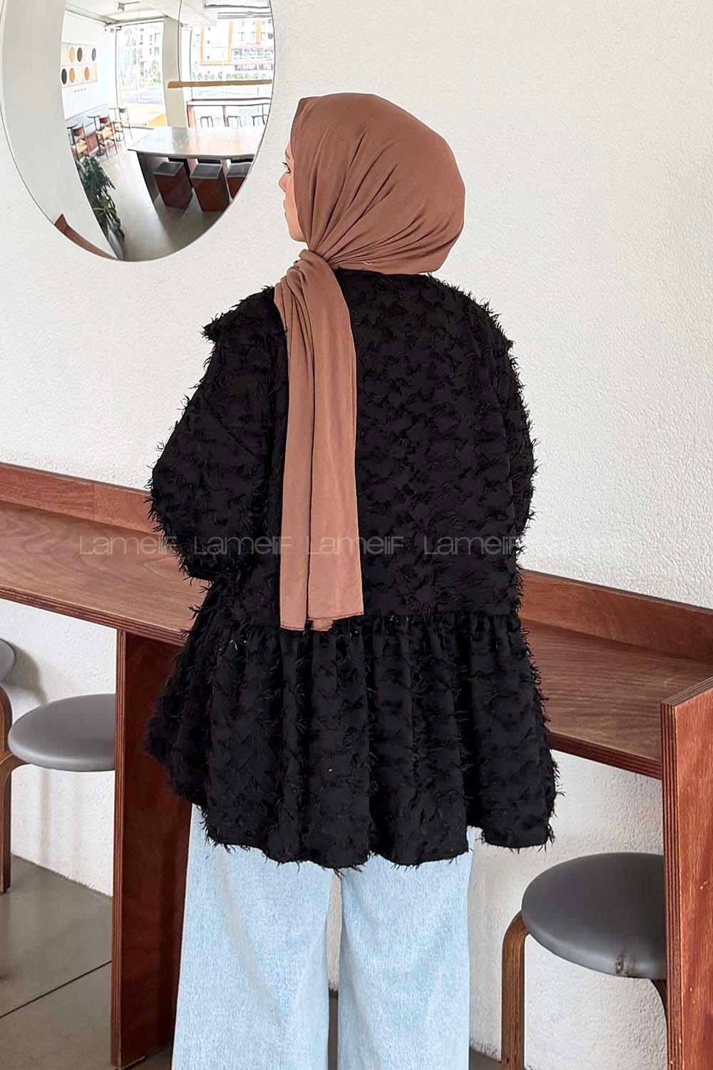 Lamelif Püskül Detaylı Bağlamalı Tunik Siyah