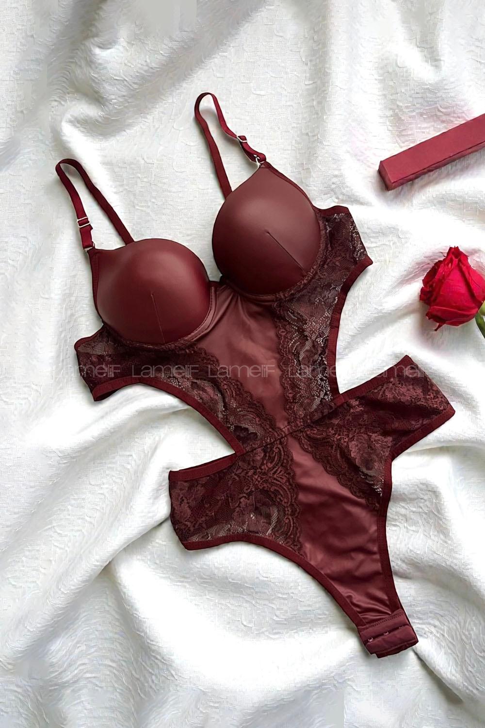 Lamelif Süet Deri Badysuit Takım