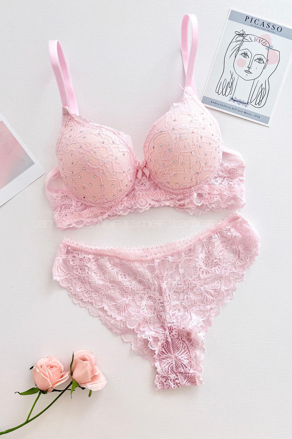 Lamelif Taşlı Dantelli Destekli Sütyen Takım Toz Pembe Renk