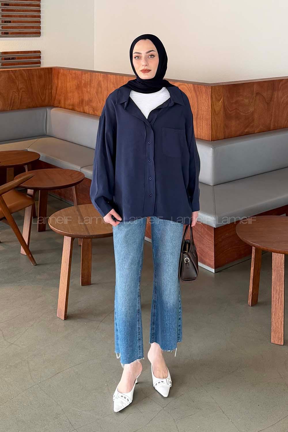 Lamelif Tensel Gömlek Lacivert