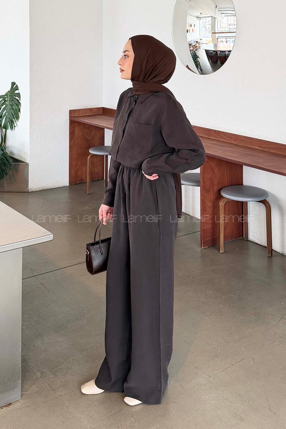 Lamelif Yaka Cepli Takım Koyu Kahverengi