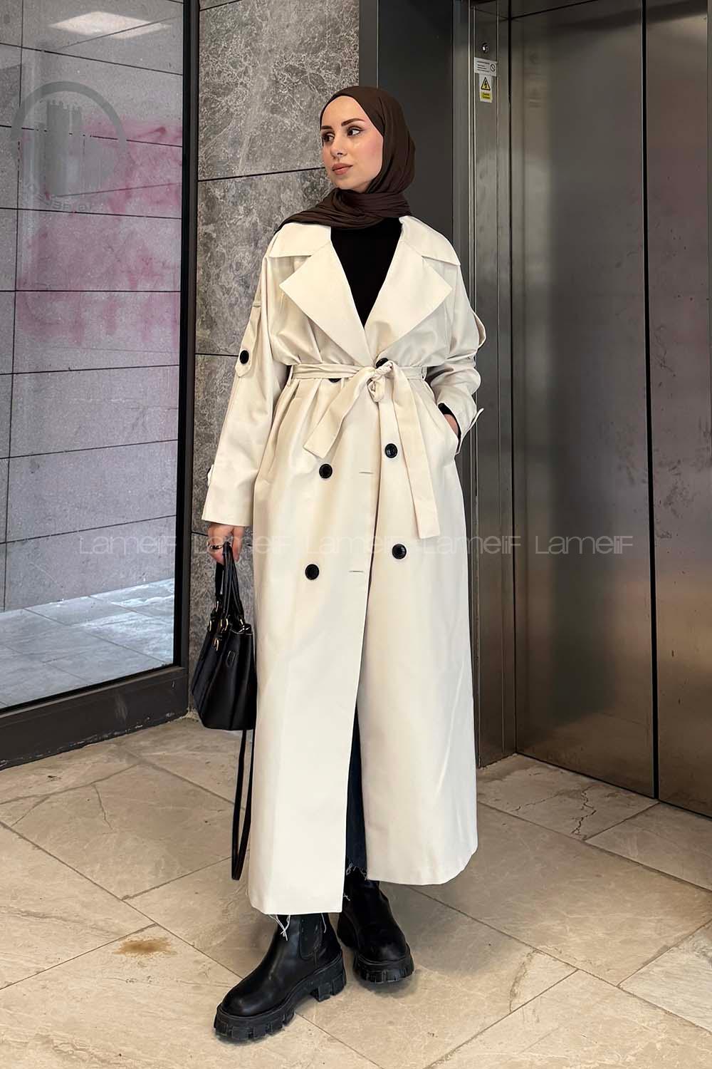 Cream Long Arm Belted Cotton Trench Coat