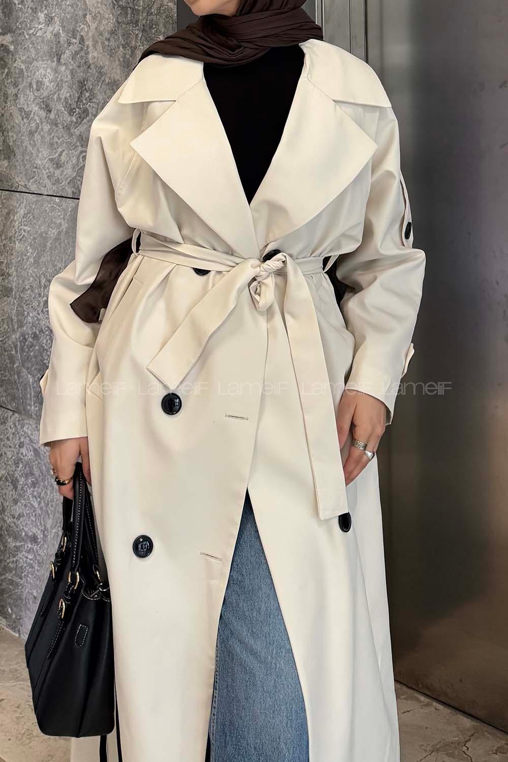 Cream Long Arm Belted Cotton Trench Coat