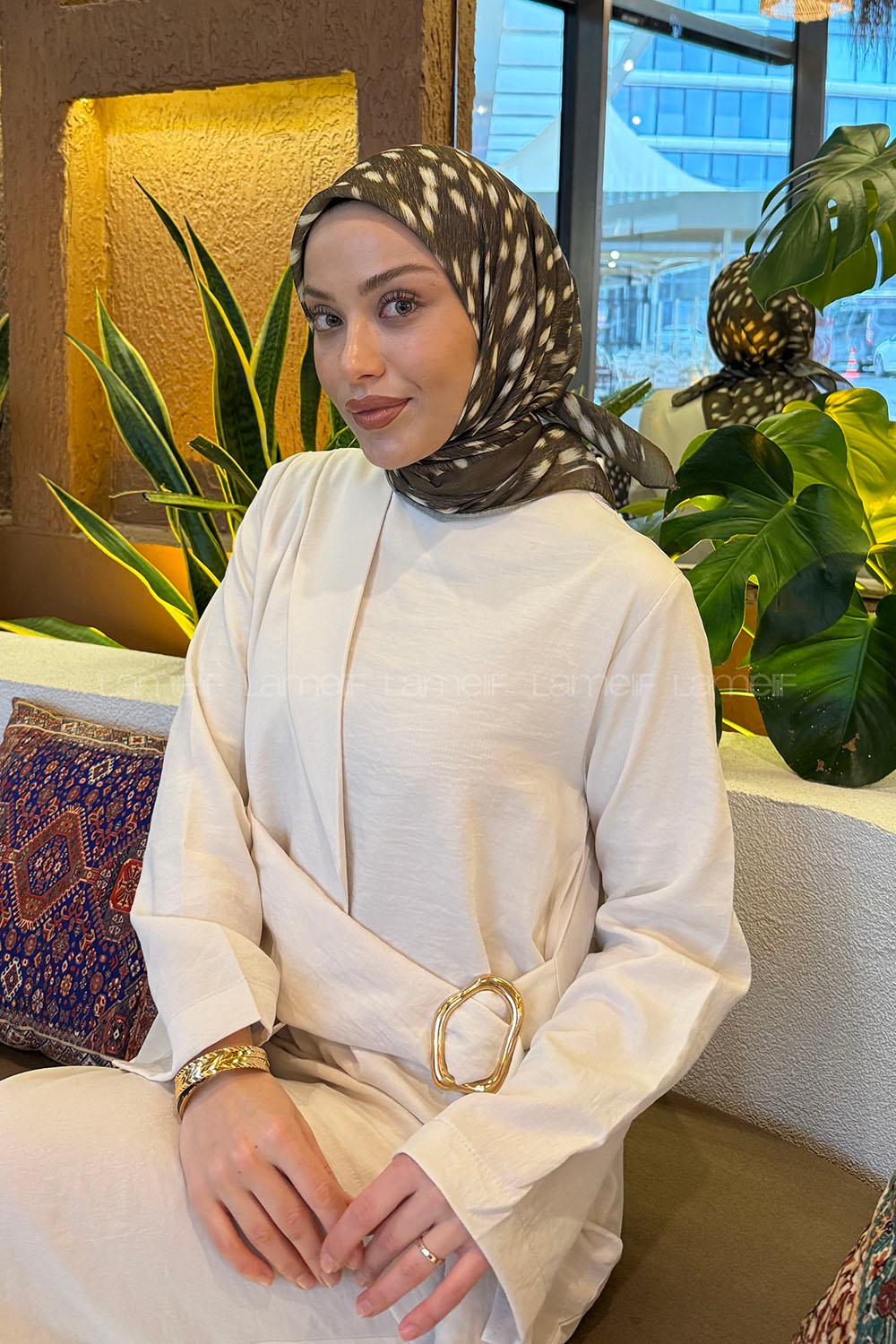 Lamelif Ceylan Desen Soft Eşarp Asker Yeşili