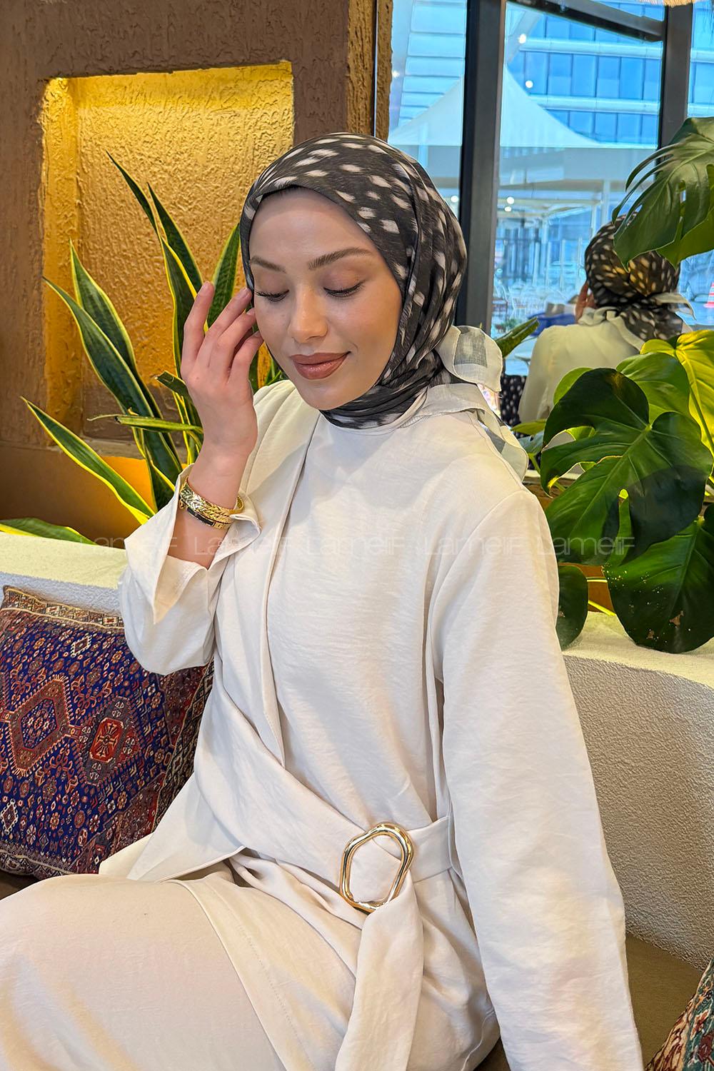 Lamelif Ceylan Desen Soft Eşarp Koyu Yeşil Ekru