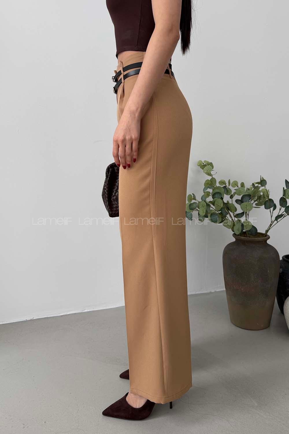 Lamelif Çift Kemer Detaylı Pantolon Camel