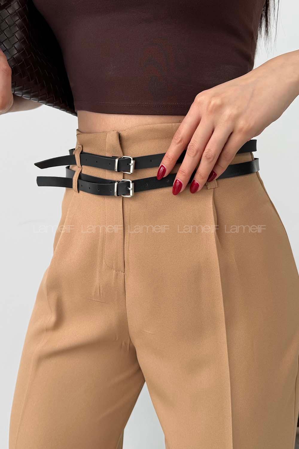 Lamelif Çift Kemer Detaylı Pantolon Camel