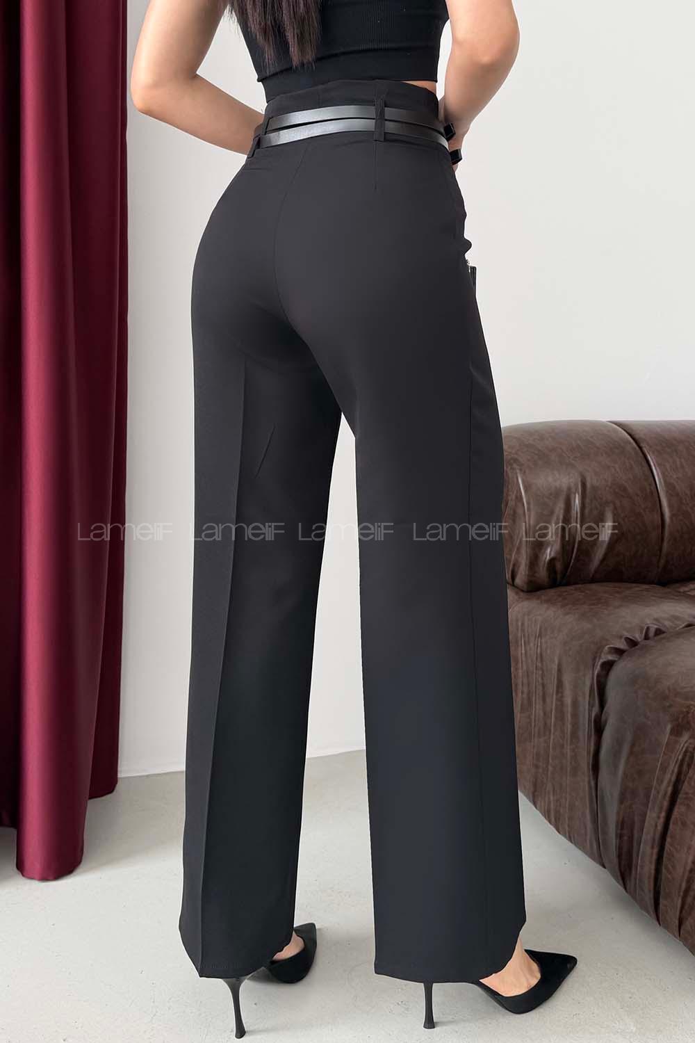 Lamelif Çift Kemer Detaylı Pantolon Siyah