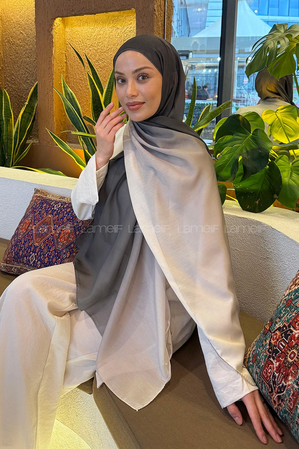 Lamelif Degrade Desen Soft Şal Koyu Yeşil Ekru