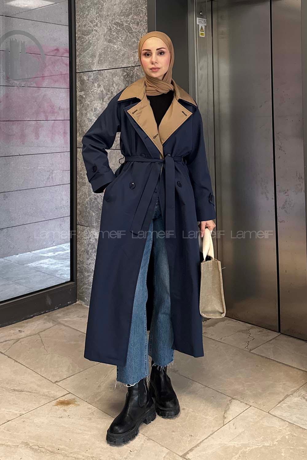 Lamelif Garnili Uzun Trenç Lacivert