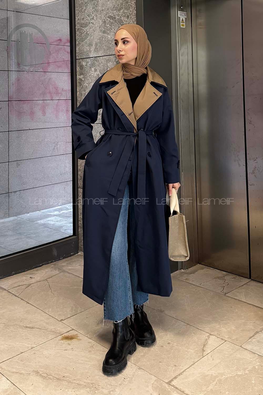 Lamelif Garnili Uzun Trenç Lacivert