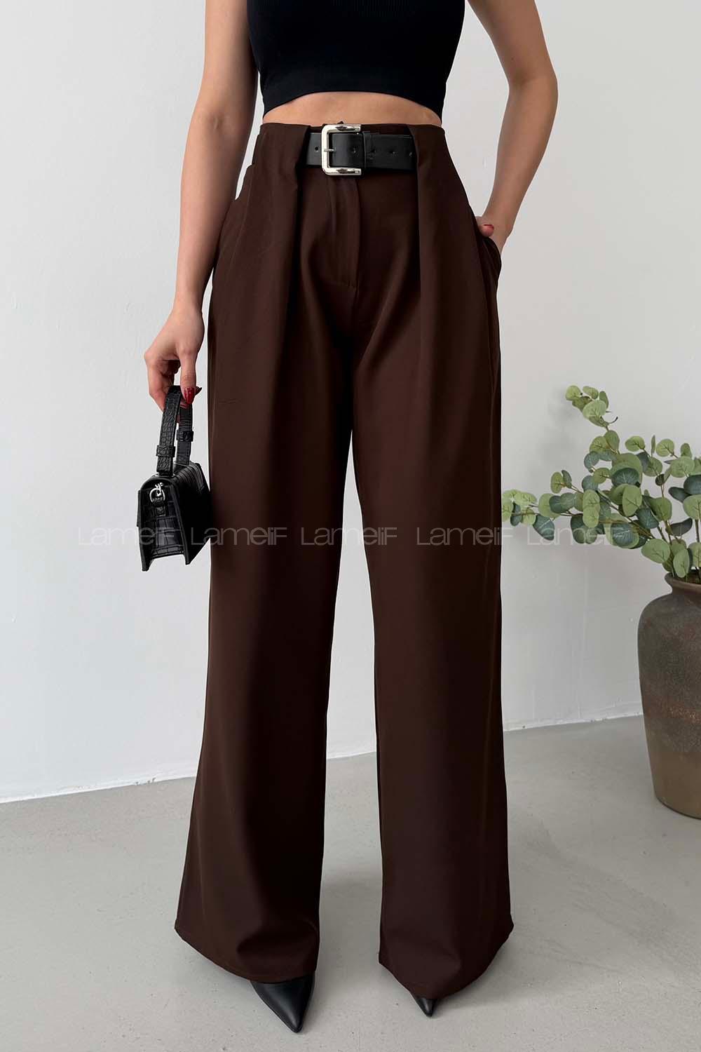 Bitter Brown Polyester High Waist Material Pants
