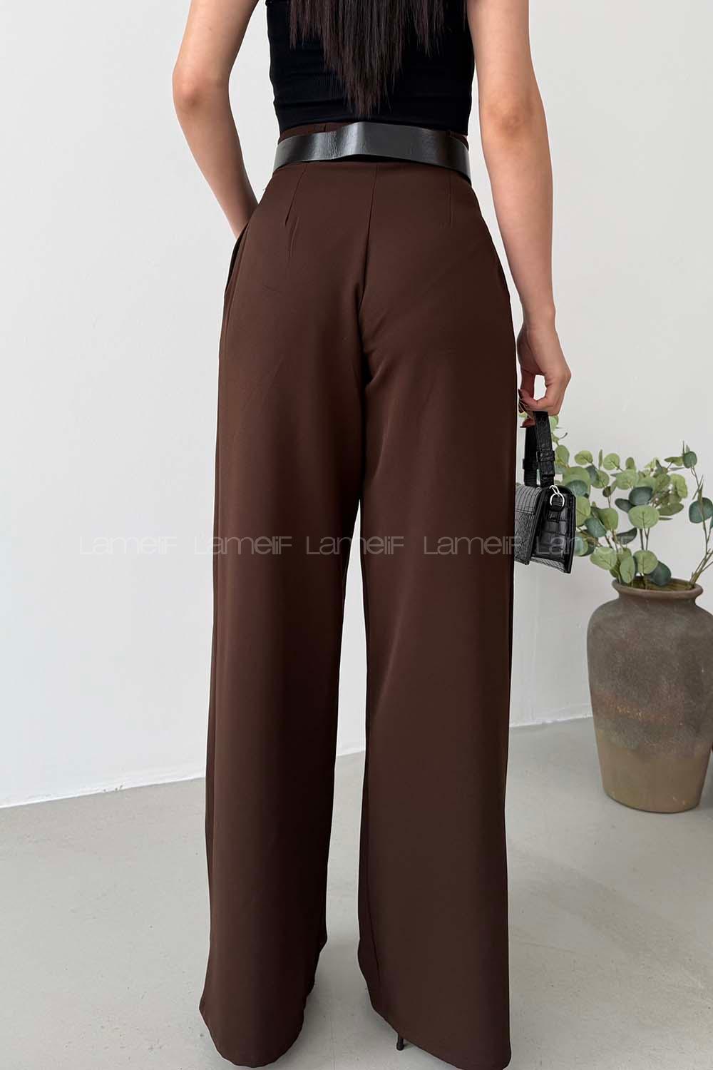 Bitter Brown Polyester High Waist Material Pants