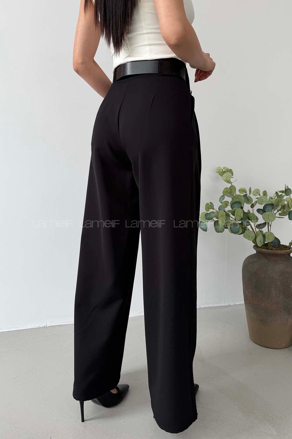 Lamelif Kemerli Palazzo Pantolon Siyah