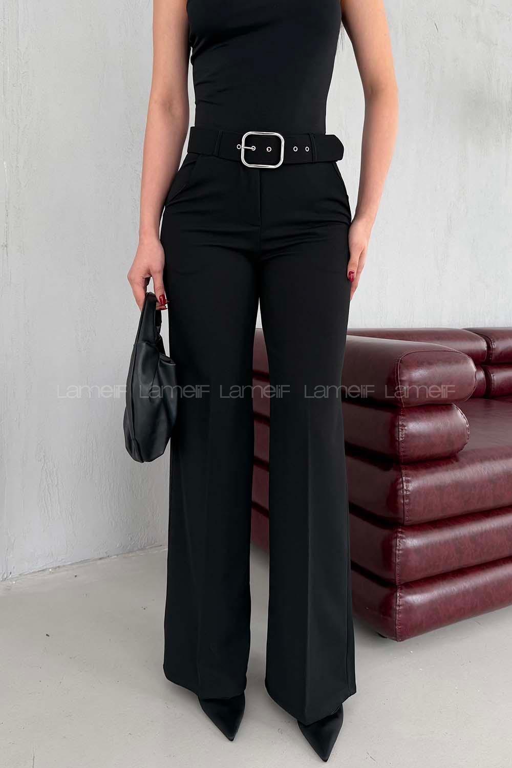 Black Combed Fabric High Waist Comfortable Pants