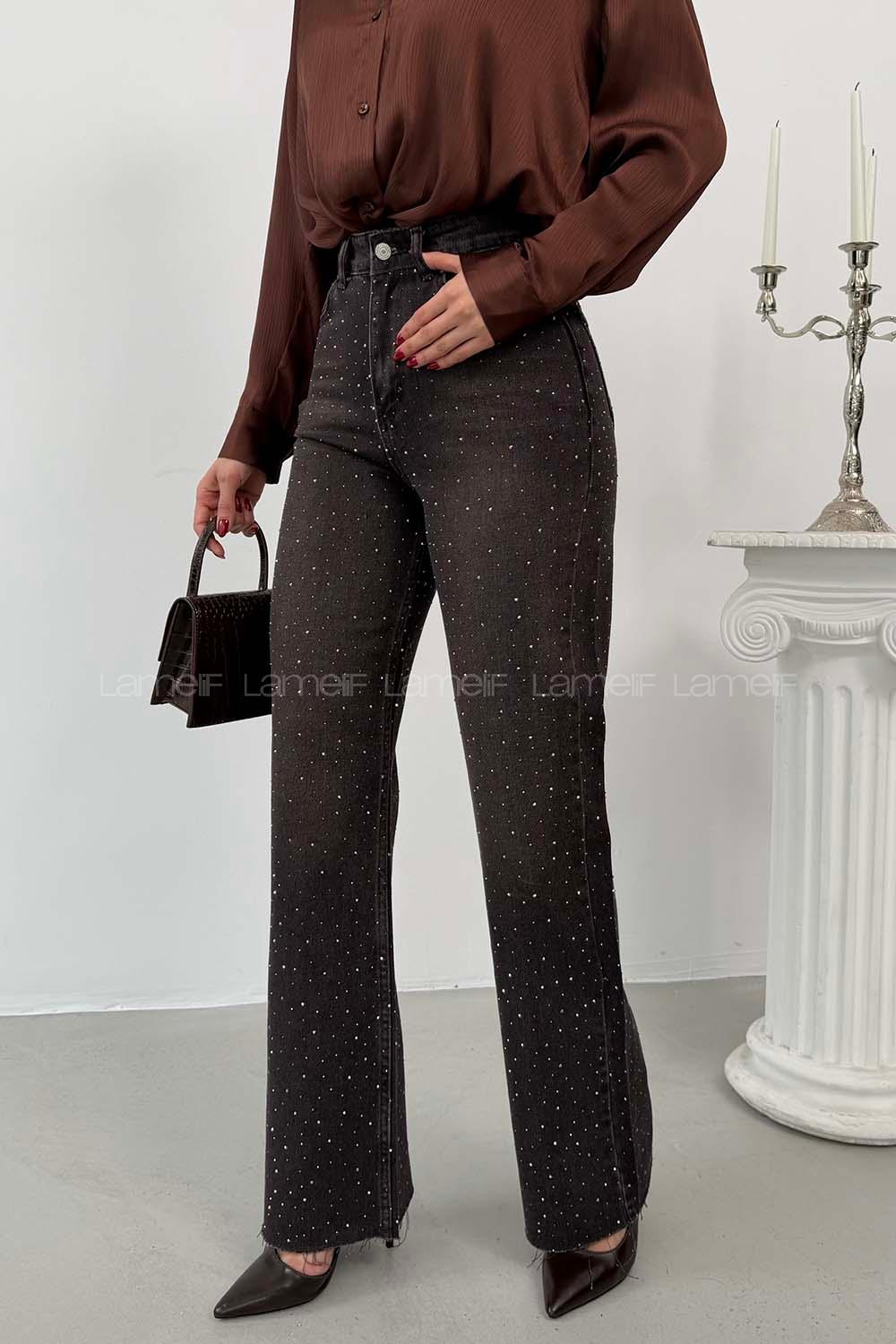 Lamelif Palazzo Taş Detaylı Jean Kahverengi