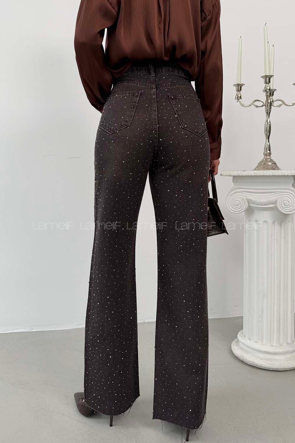 Lamelif Palazzo Taş Detaylı Jean Kahverengi